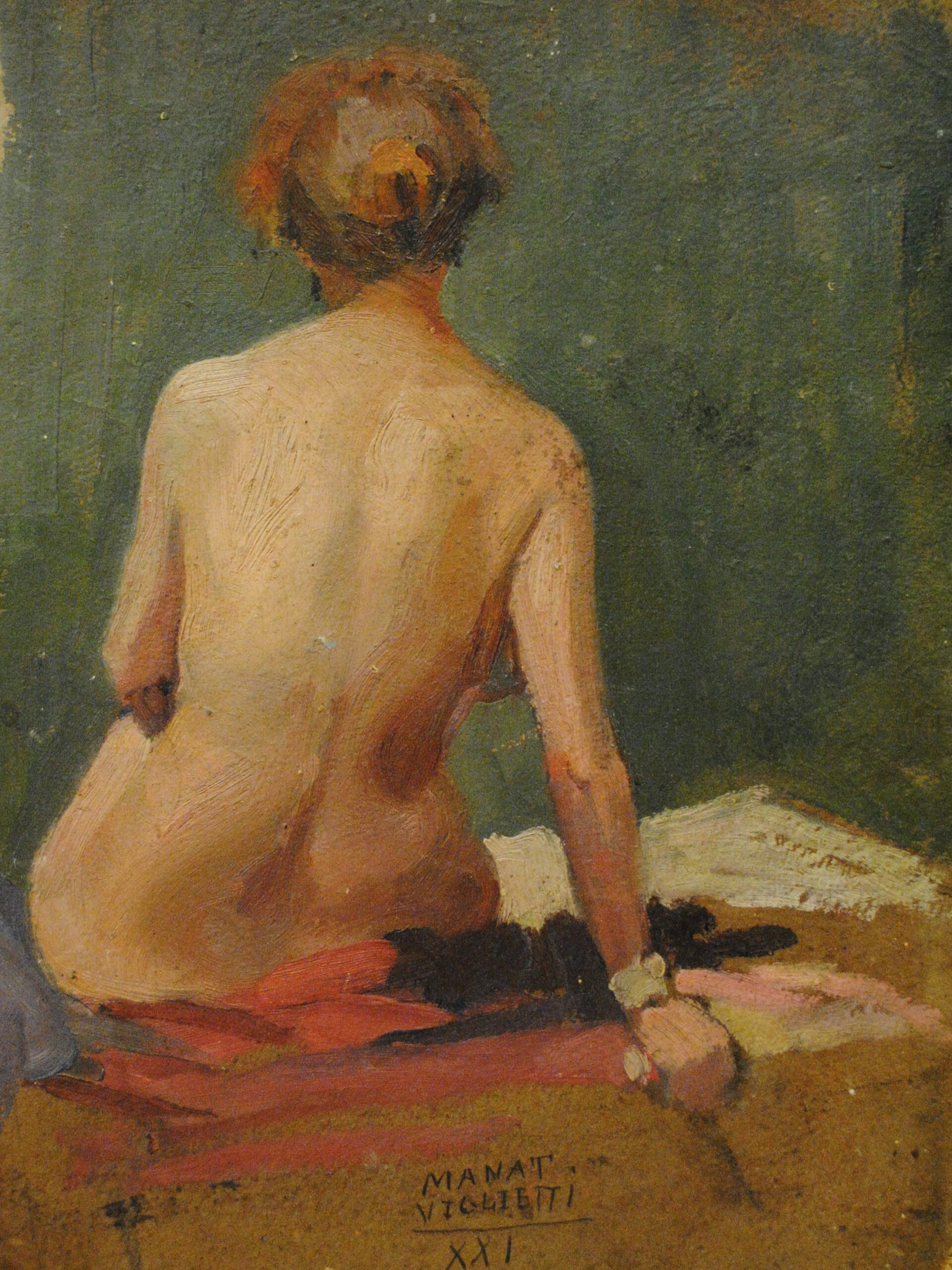 Pintura de José Manaut titulada Mujer sentada de espalda. Óleo sobre cartón.