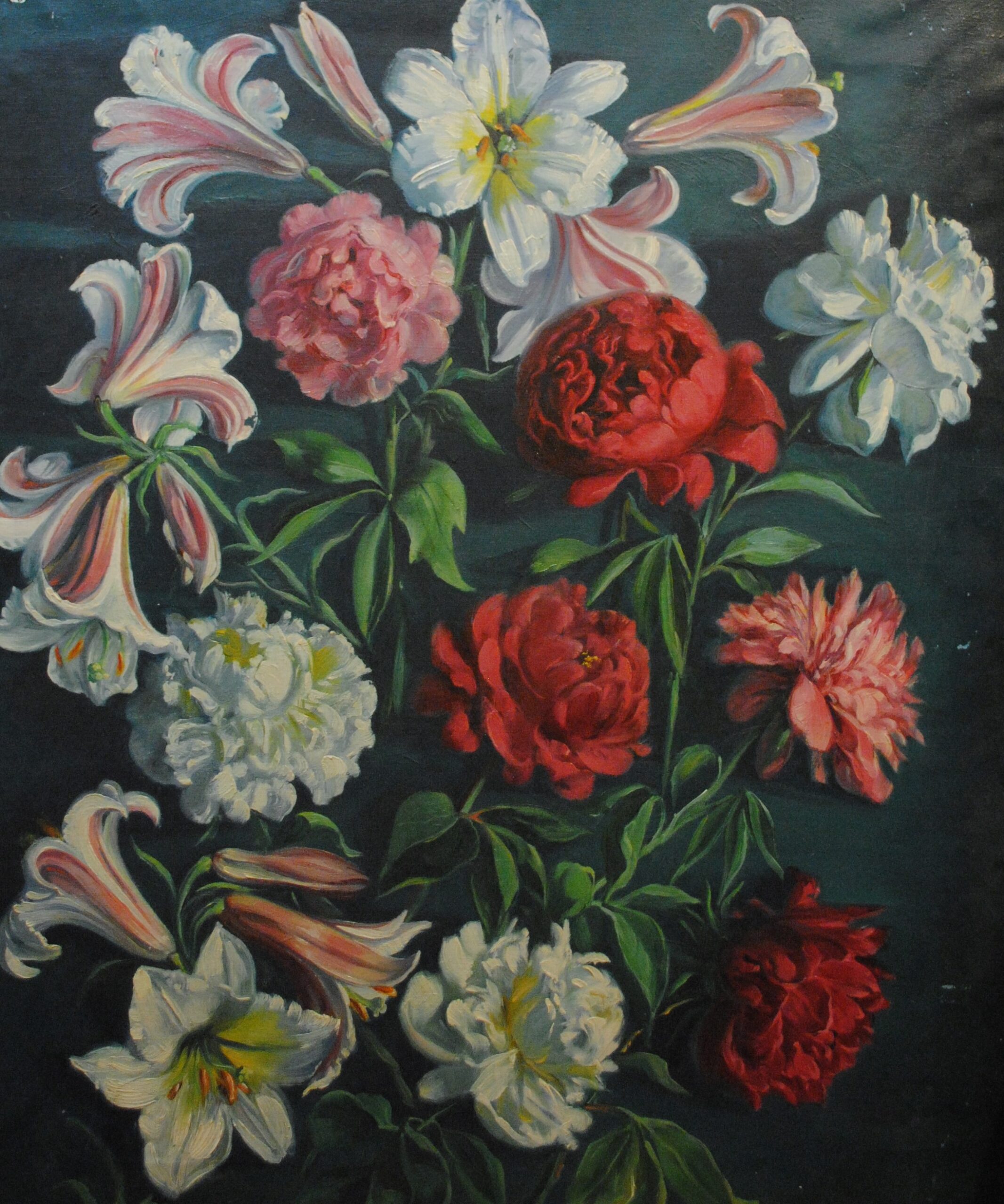 Pintura de José Manaut titulada Bodegón con flores grandes. Óleo sobre lienzo.
