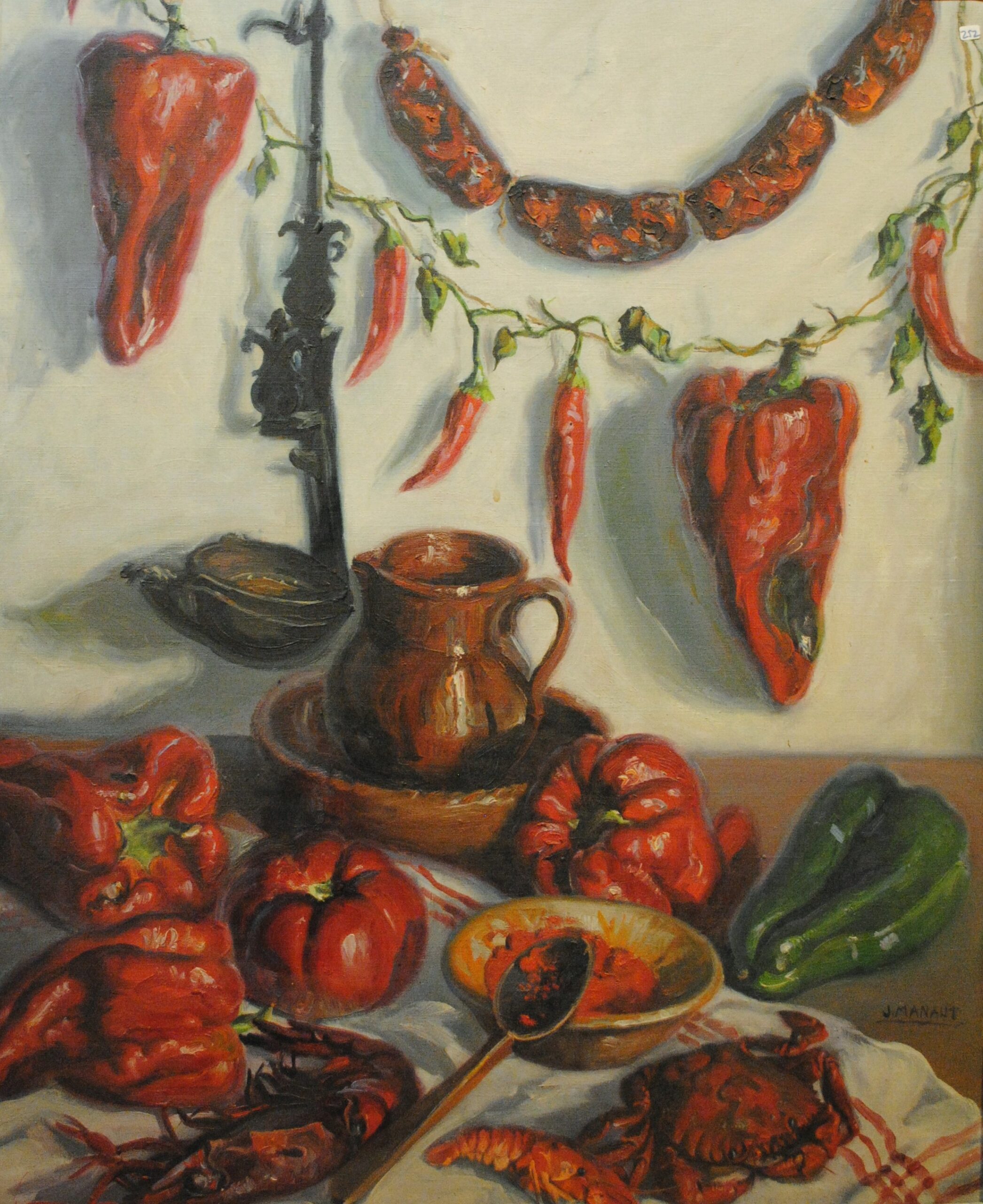 Pintura de José Manaut titulada Bodegón con pimientos y chorizos. Óleo sobre lienzo.