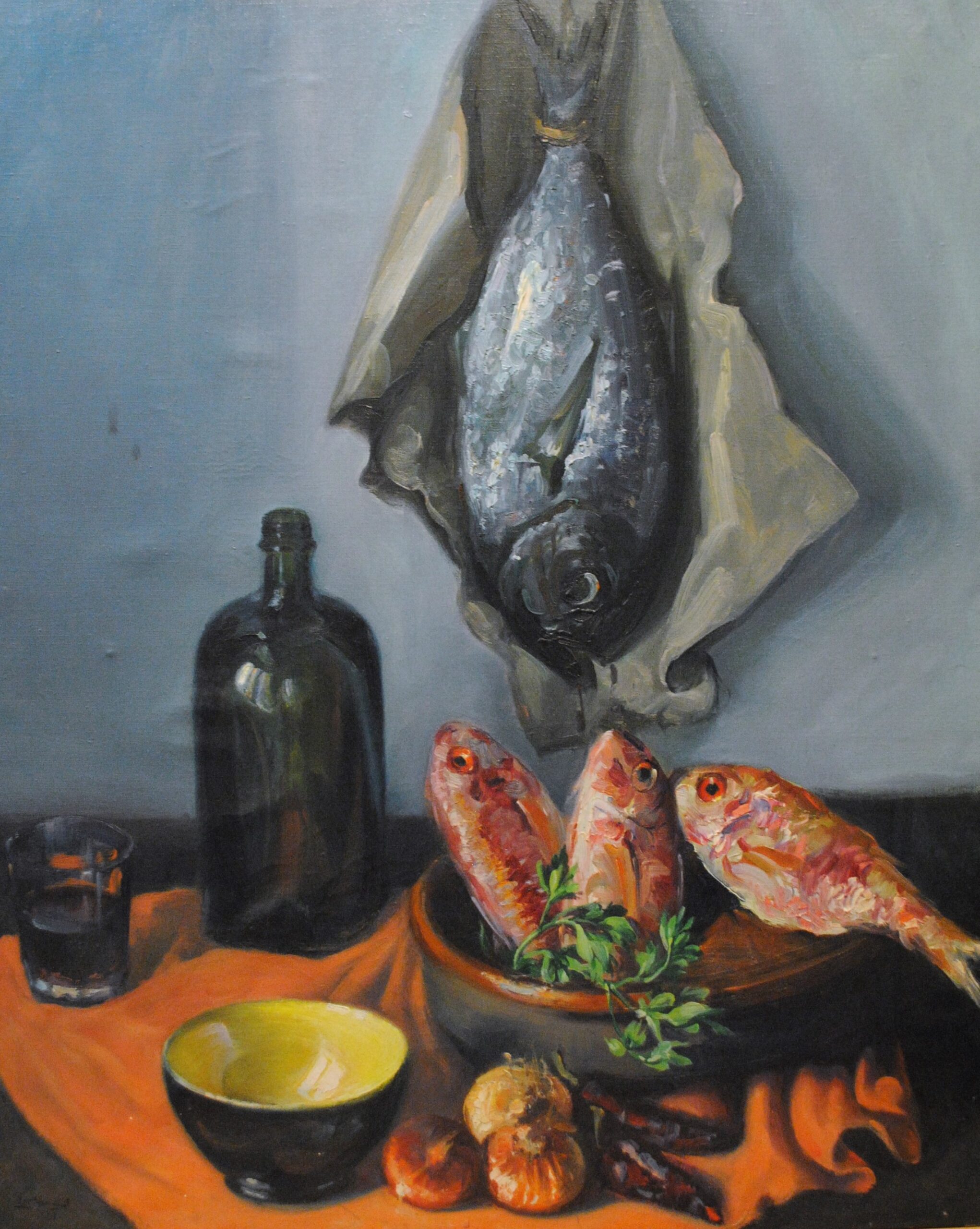 Pintura de José Manaut titulada Bodegón con pescados, 1961. Óleo sobre lienzo.