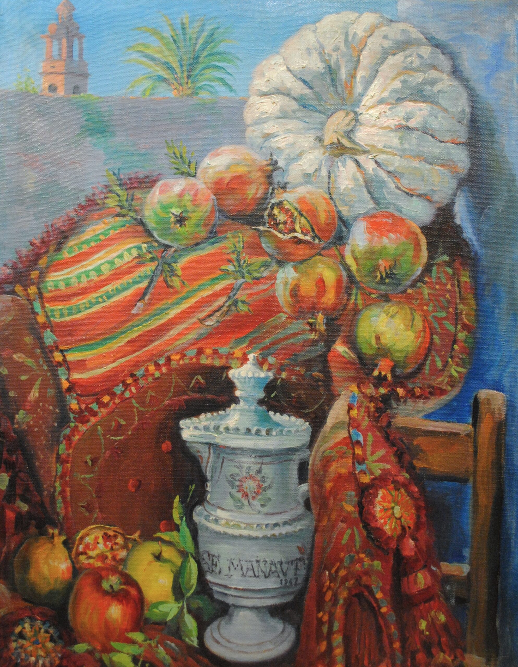 Pintura de José Manaut titulada Bodegón valenciano con calabazas y frutas, 1962. Óleo sobre lienzo.