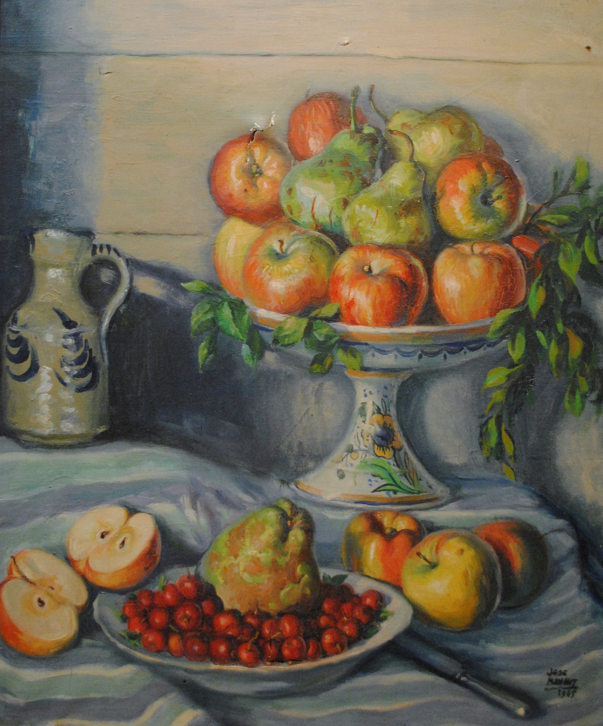 Pintura de José Manaut titulada Bodegón con peras y manzanas. Óleo sobre lienzo.