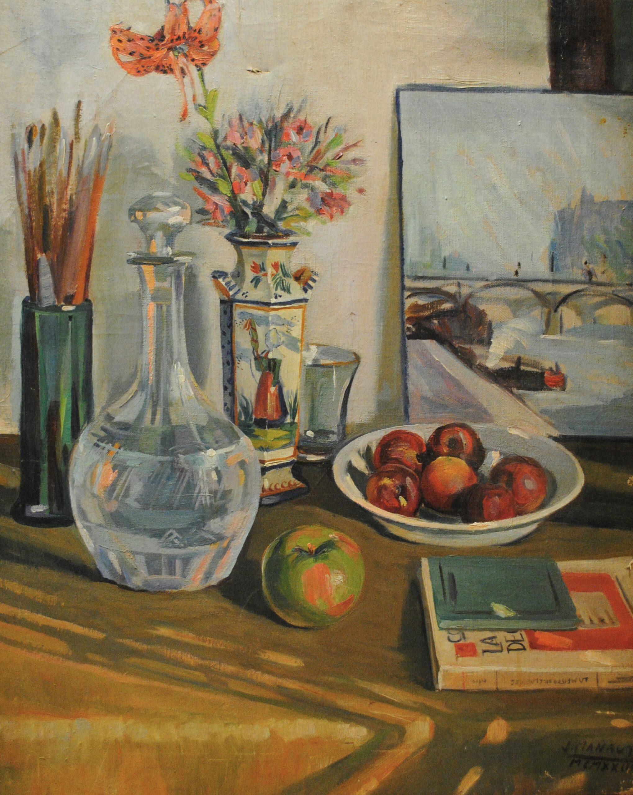 Pintura de José Manaut titulada Frasco y flores, 1923. Óleo sobre lienzo.