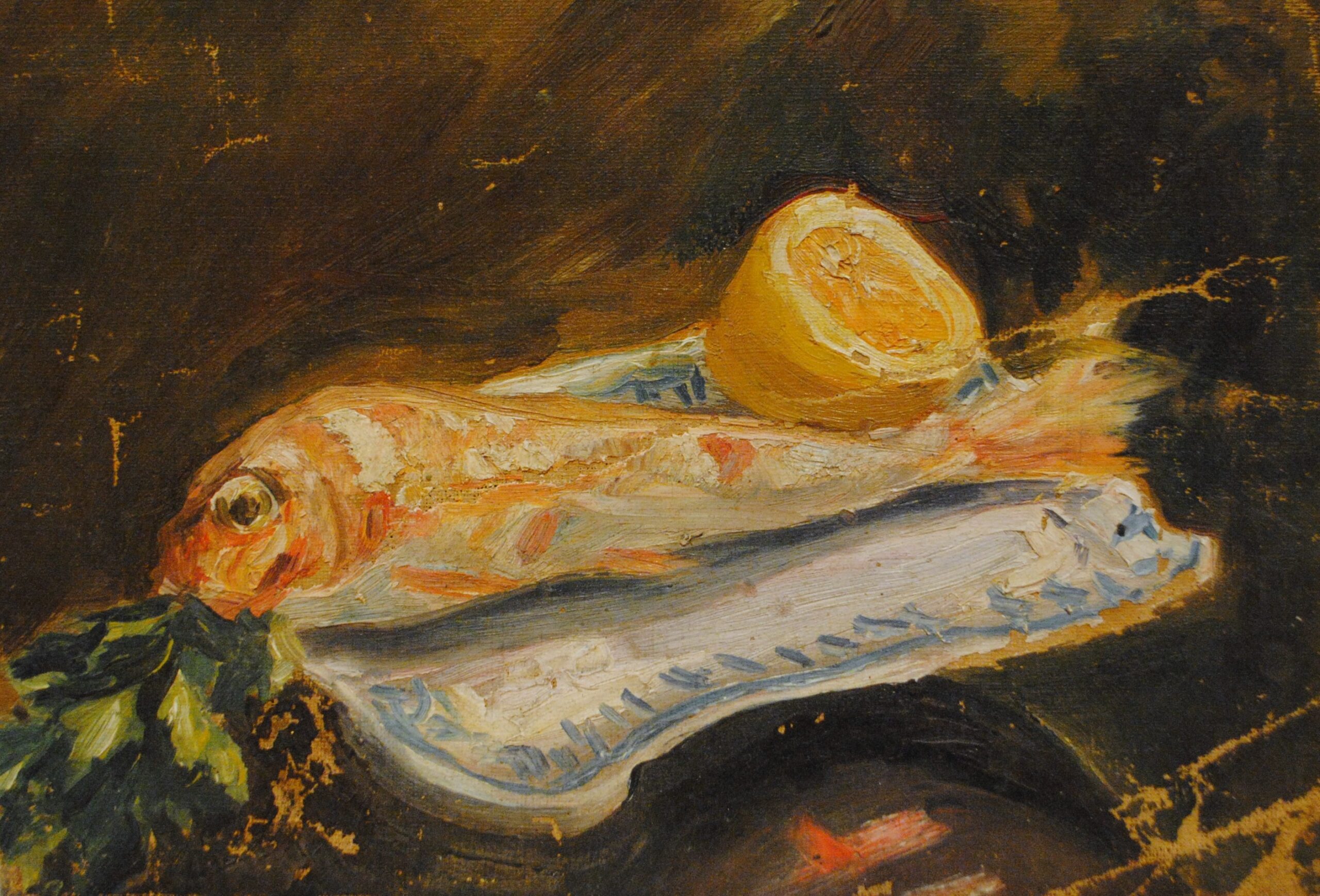 Pintura de José Manaut titulada Pescados y limón. Óleo sobre lienzo.