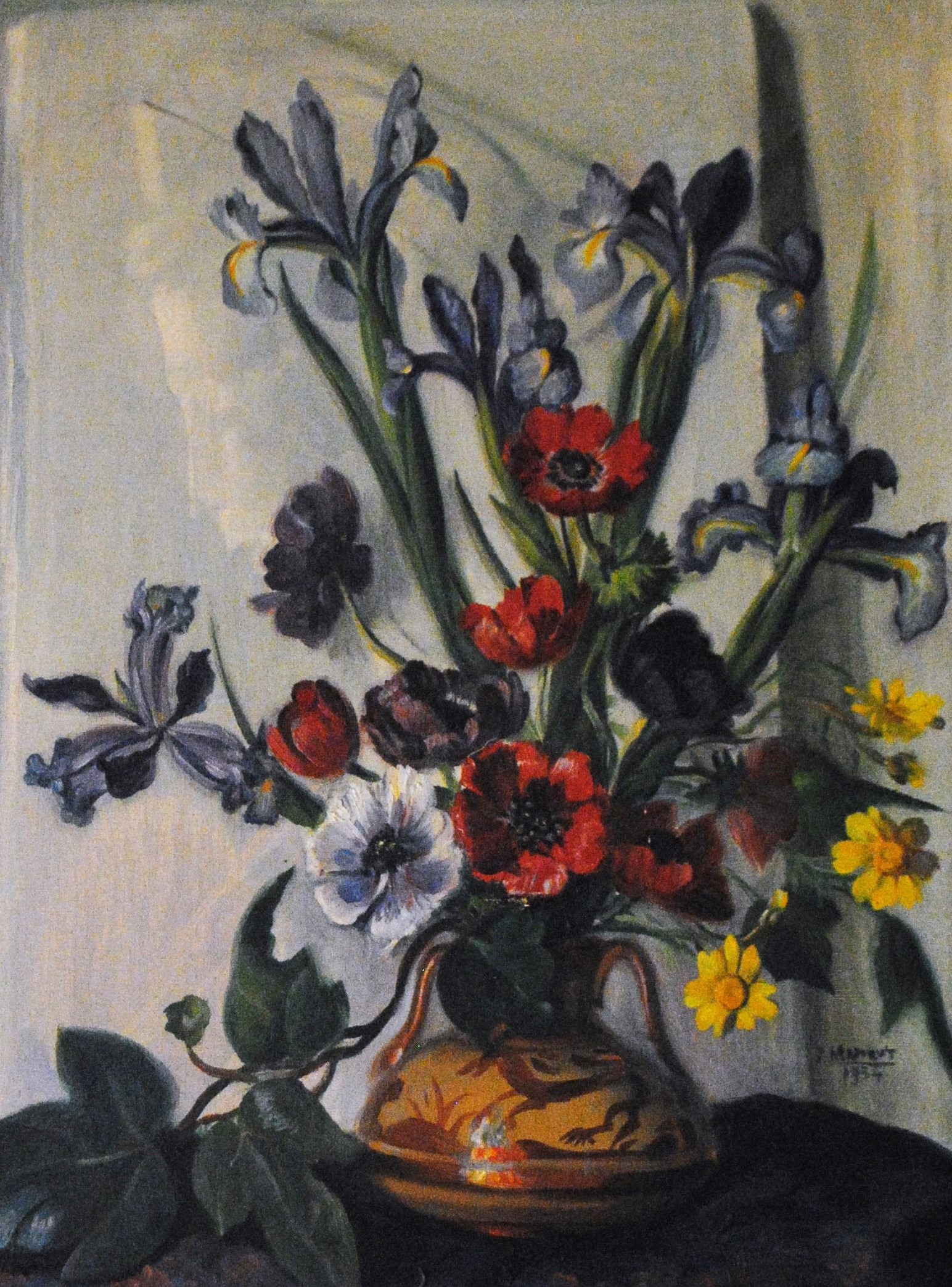 Pintura de José Manaut titulada Jarrón con flores (violetas, amapolas), 1954. Óleo sobre lienzo.