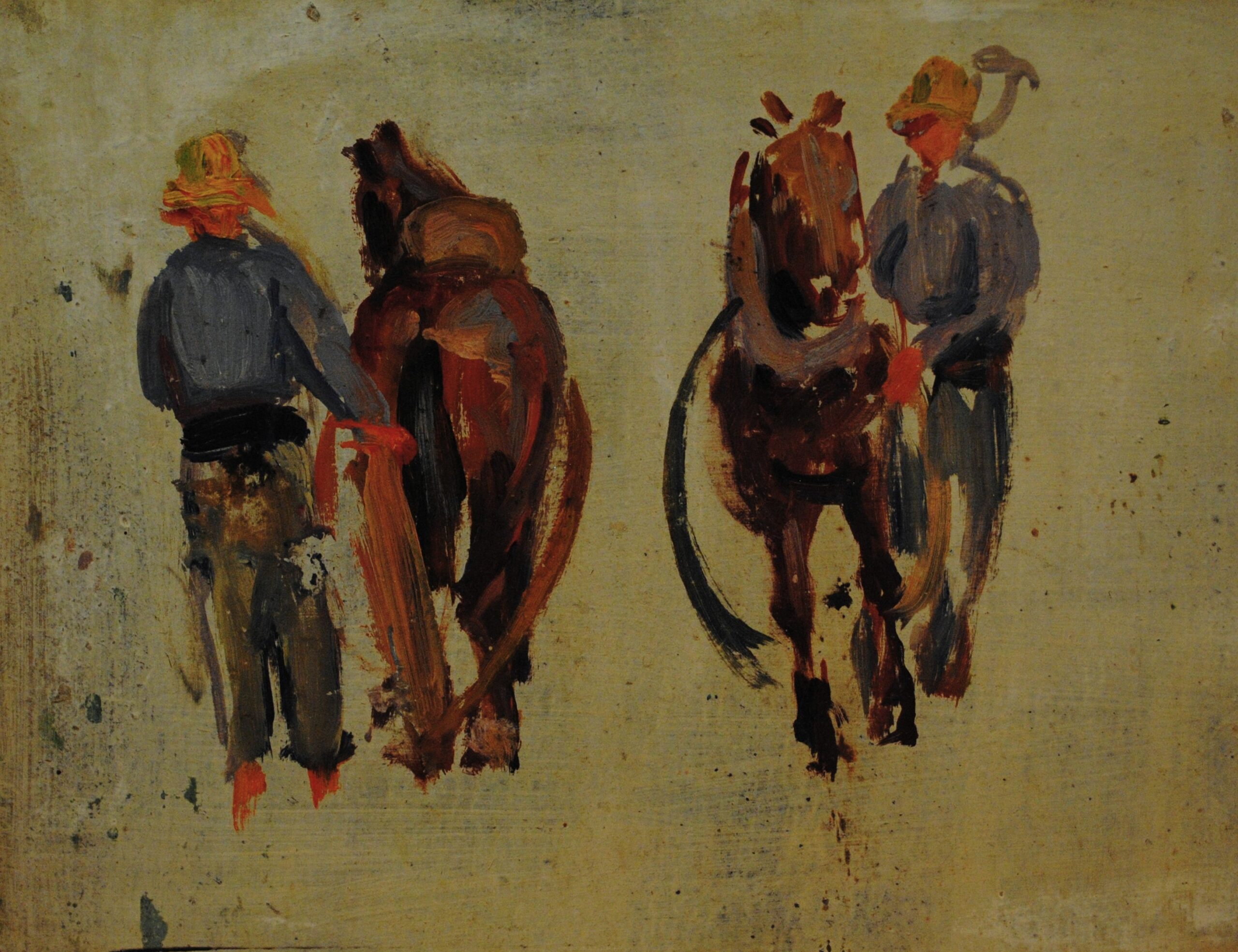 Pintura de José Manaut titulada Campesino arando. Óleo sobre cartón.