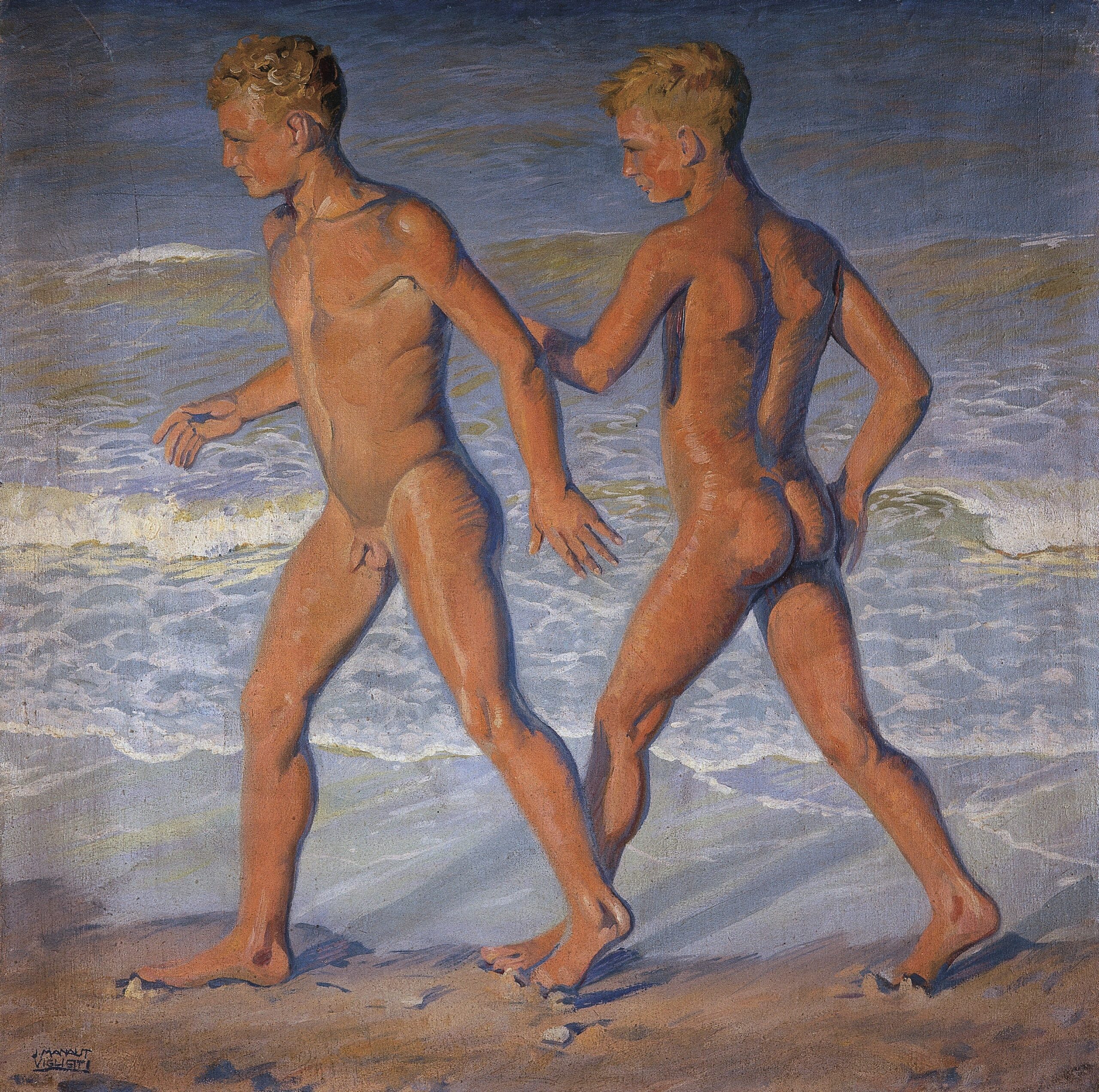 Ariel Manaut y Horacio Calvo en la playa de Pinedo antes de la guerra. Pintura de José Manaut, óleo sobre lienzo.