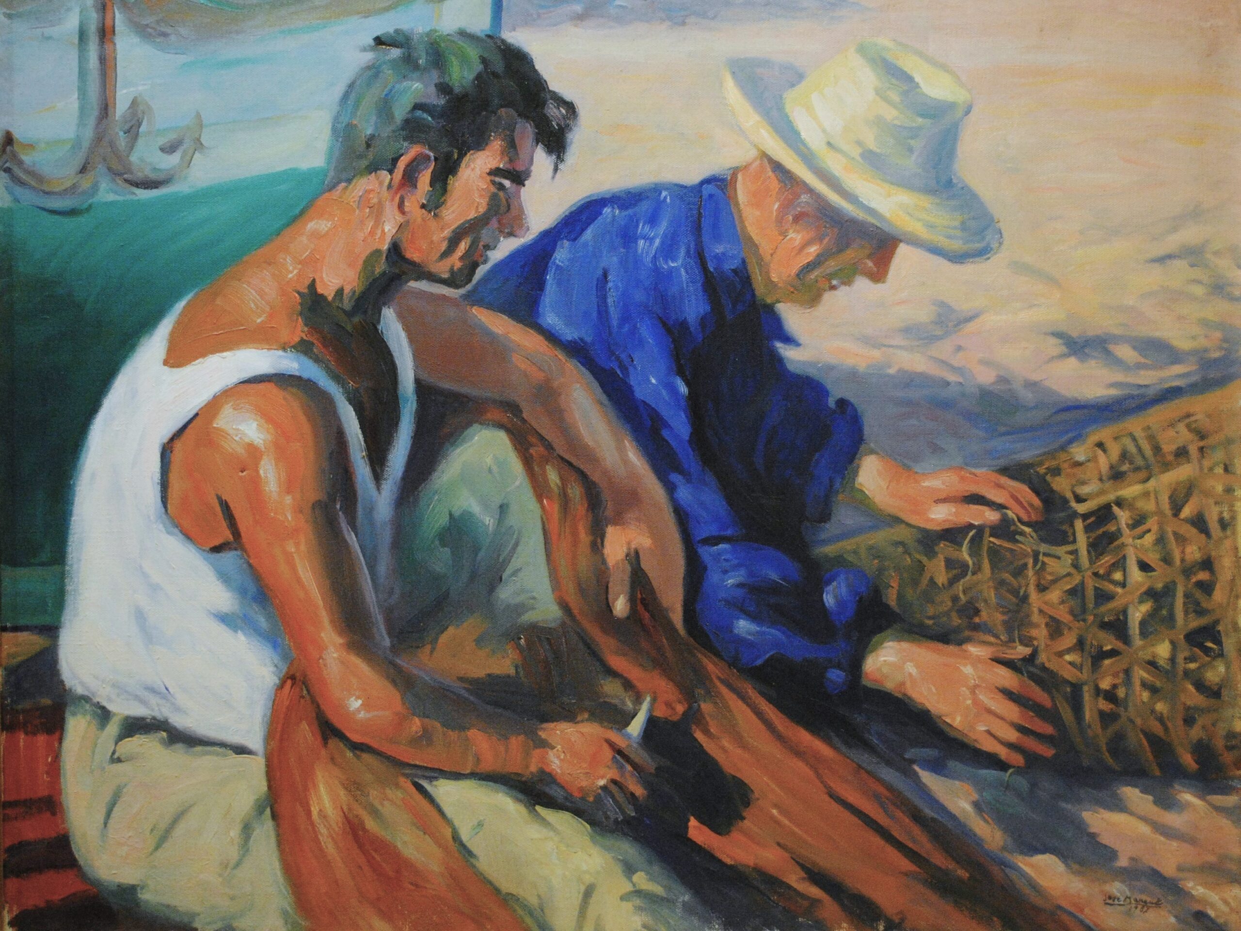 Pintura de José Manaut titulada Pescadores levantinos, 1967. Óleo sobre lienzo.