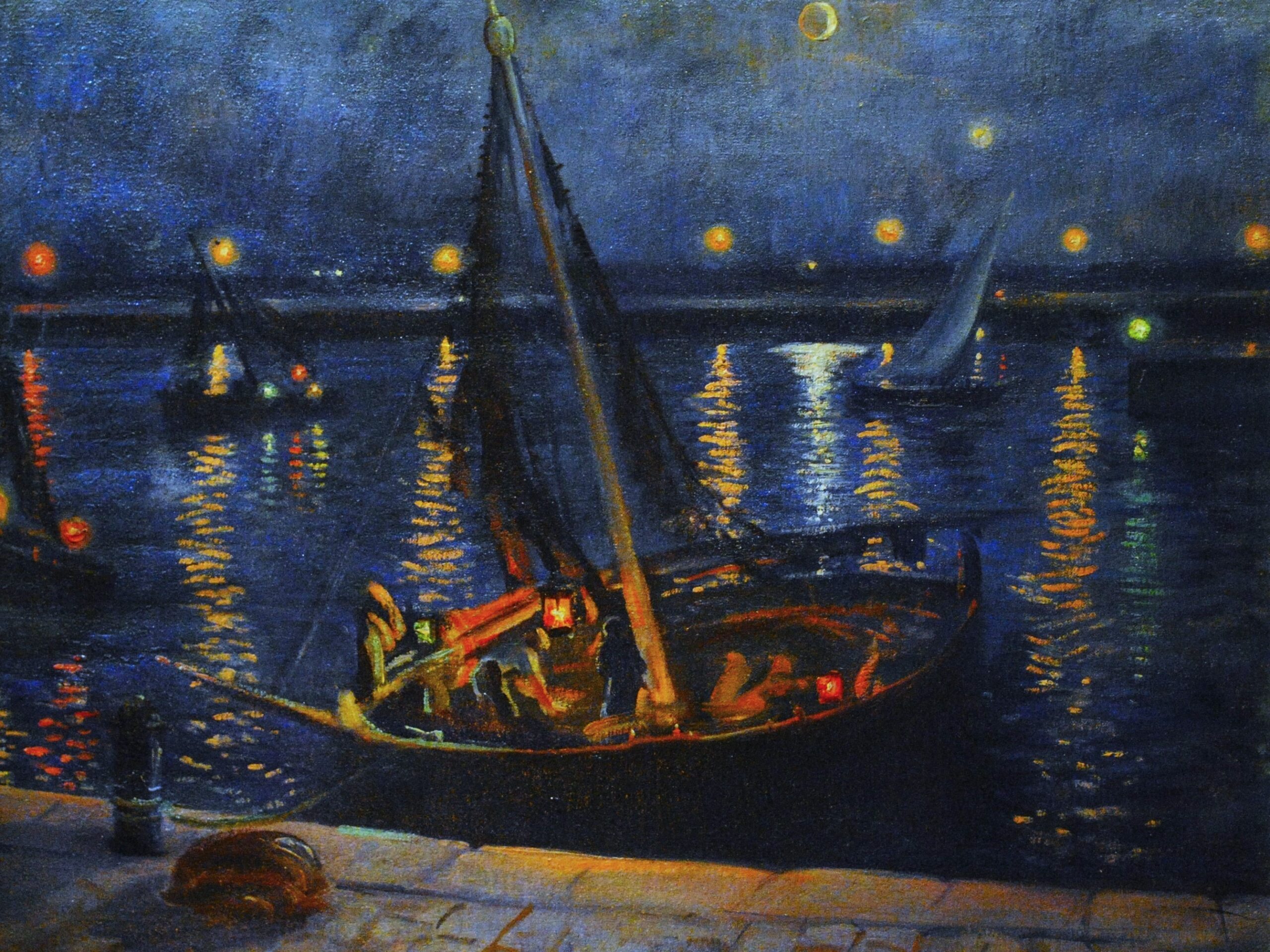 Pintura de José Manaut titulada Noche en el puerto, 1930. Óleo sobre lienzo.