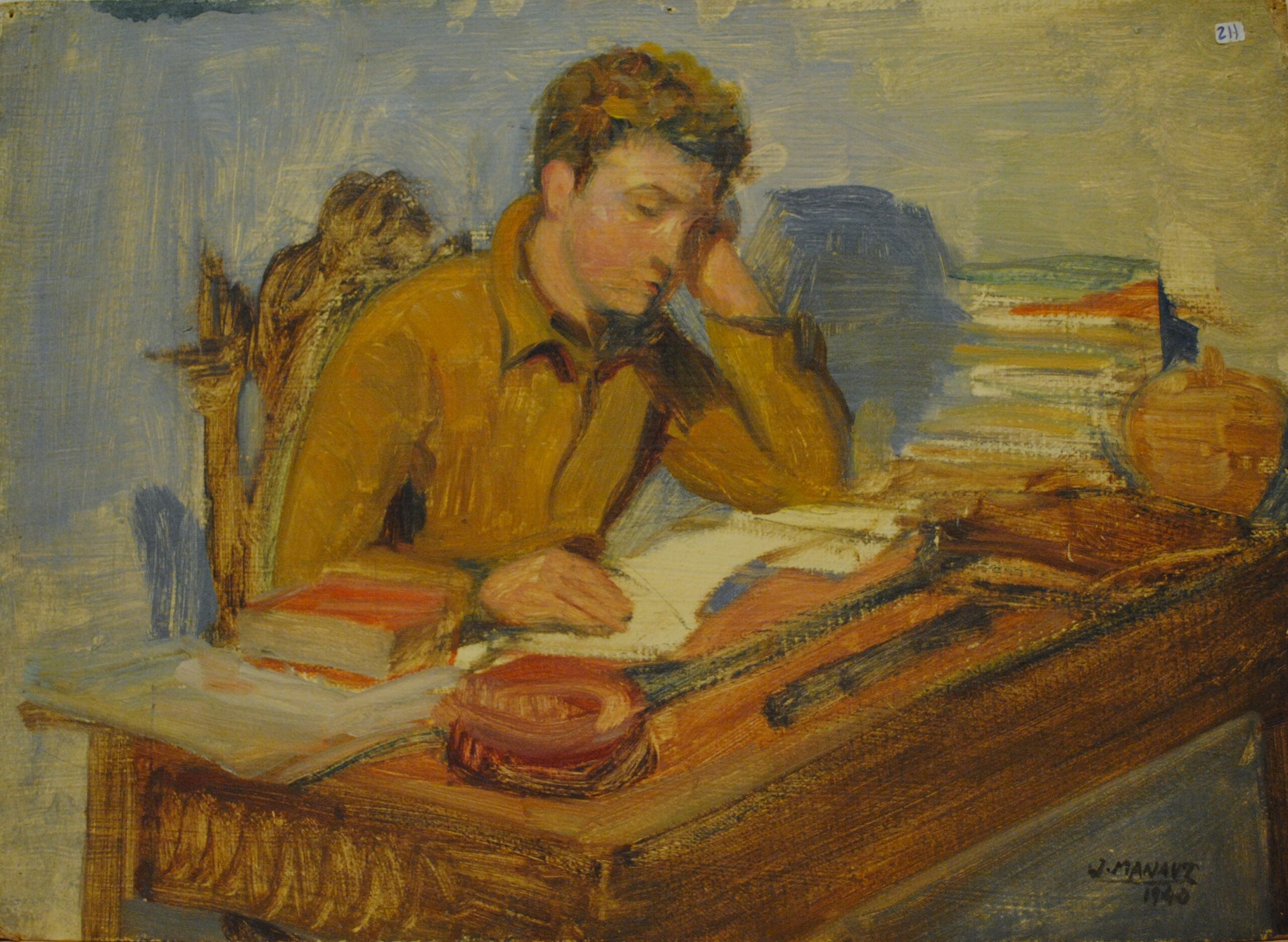 Pintura de José Manaut titulada Ariel estudiando, 1940. Óleo sobre cartón.