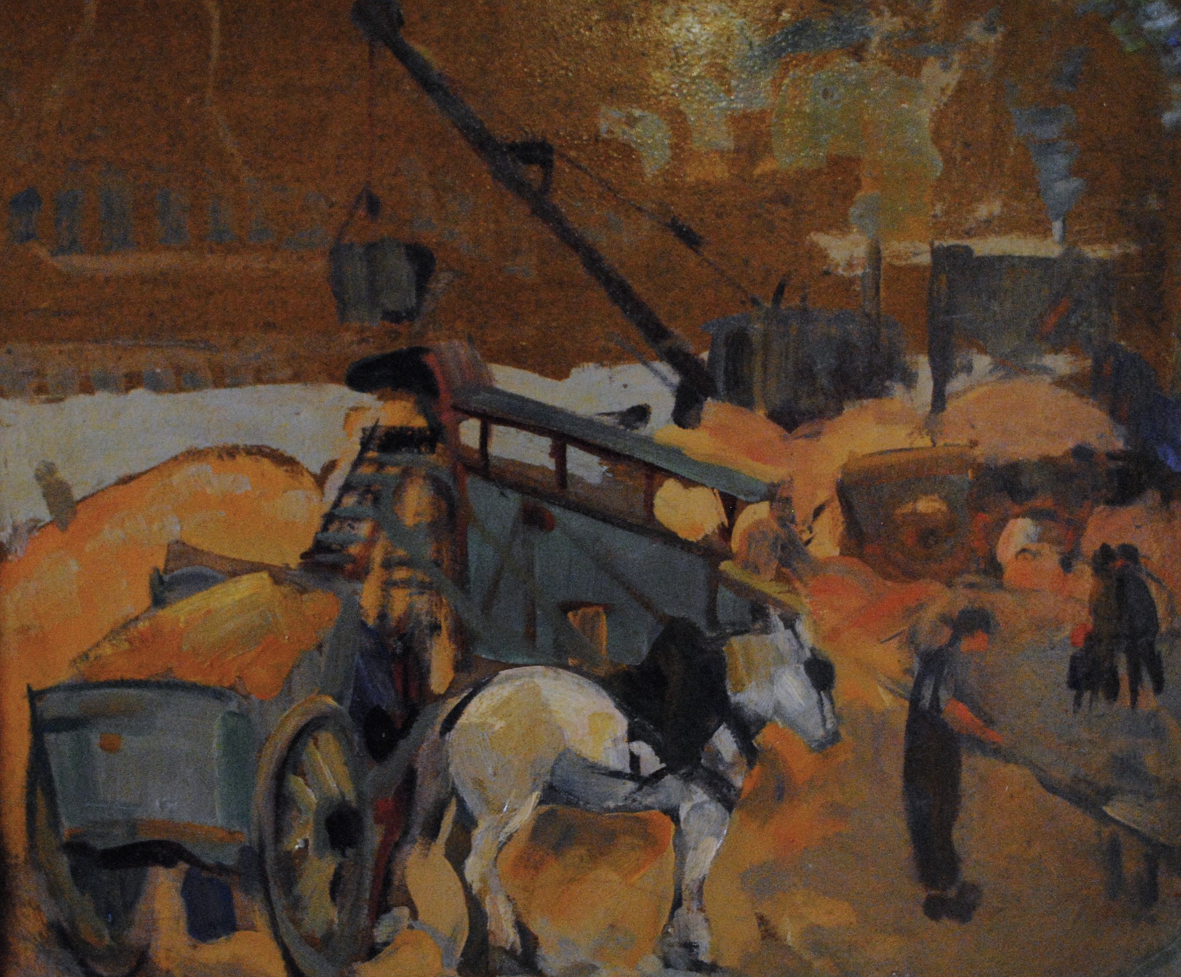 Pintura de José Manaut titulada Sacando arena del Sena, París, 1923. Óleo sobre cartón.