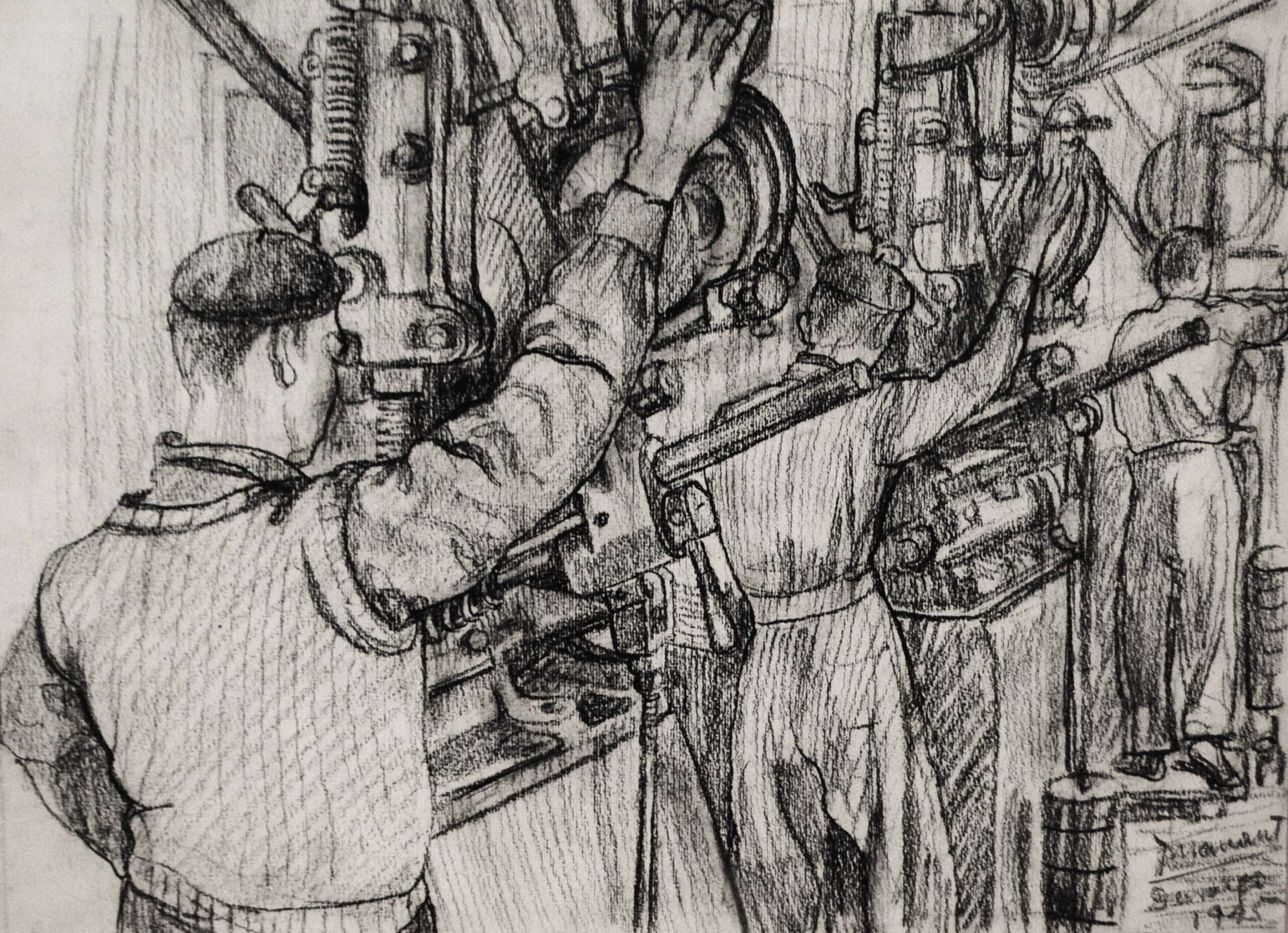 Pintura de José Manaut titulada Hombres en fábrica, Durango (Vizcaya), 1945. Papel sobre carboncillo.