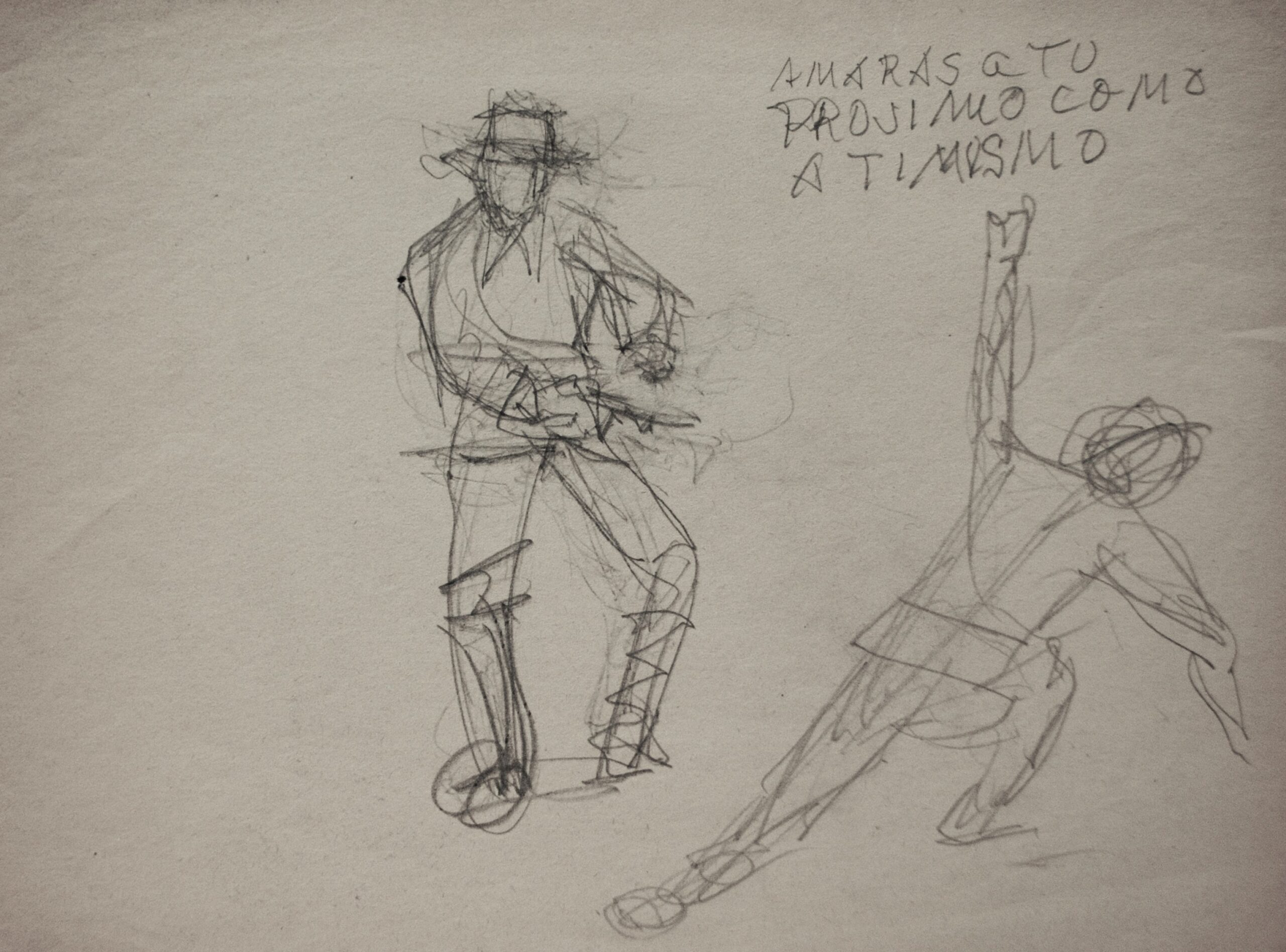 Dibujo de José Manaut. Hombre disparando a otro hombre. Arriba a la derecha: Amarás a tu prójimo como a tí mismo.