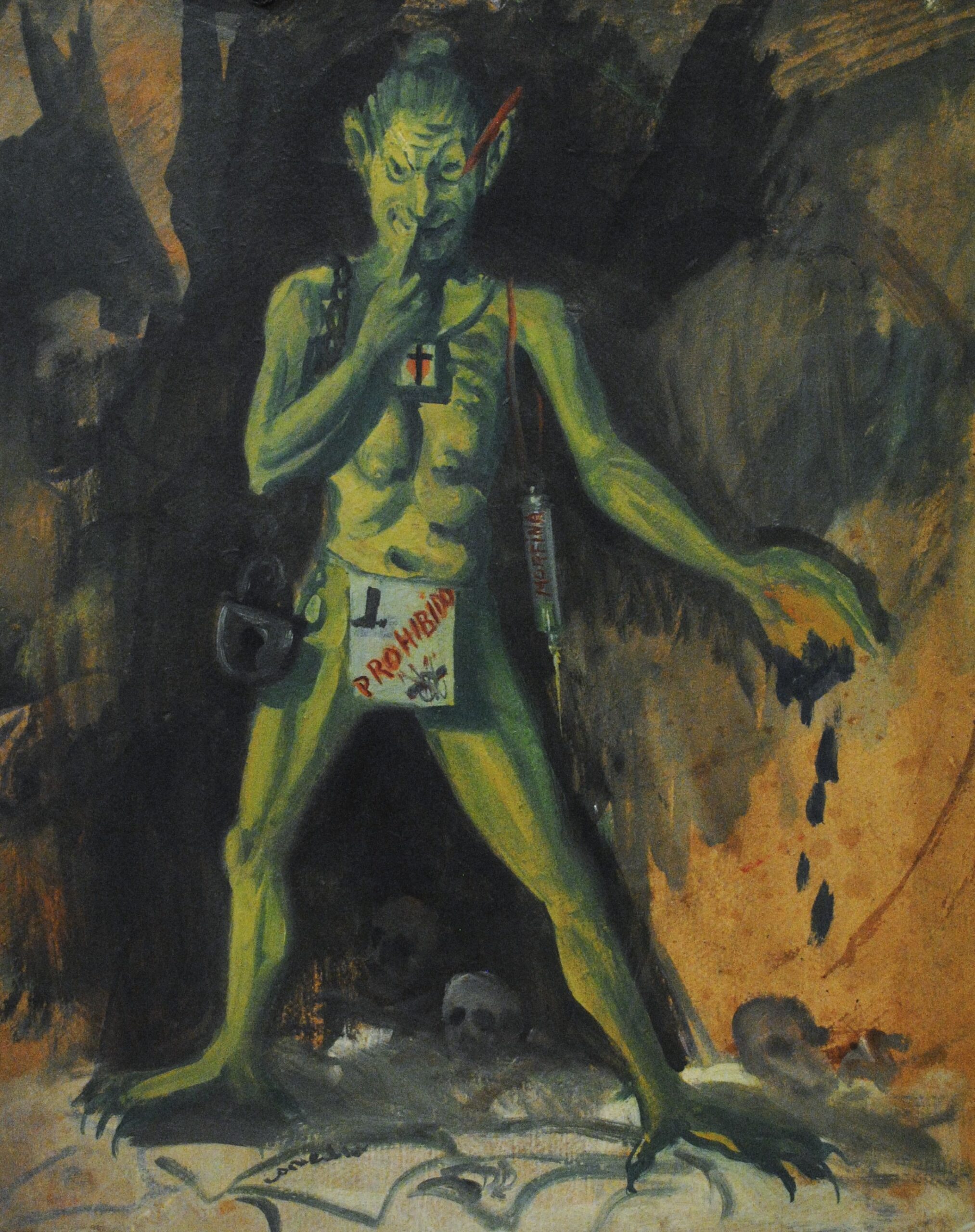 Pintura de José Manaut titulada Guerra. Óleo sobre cartón.