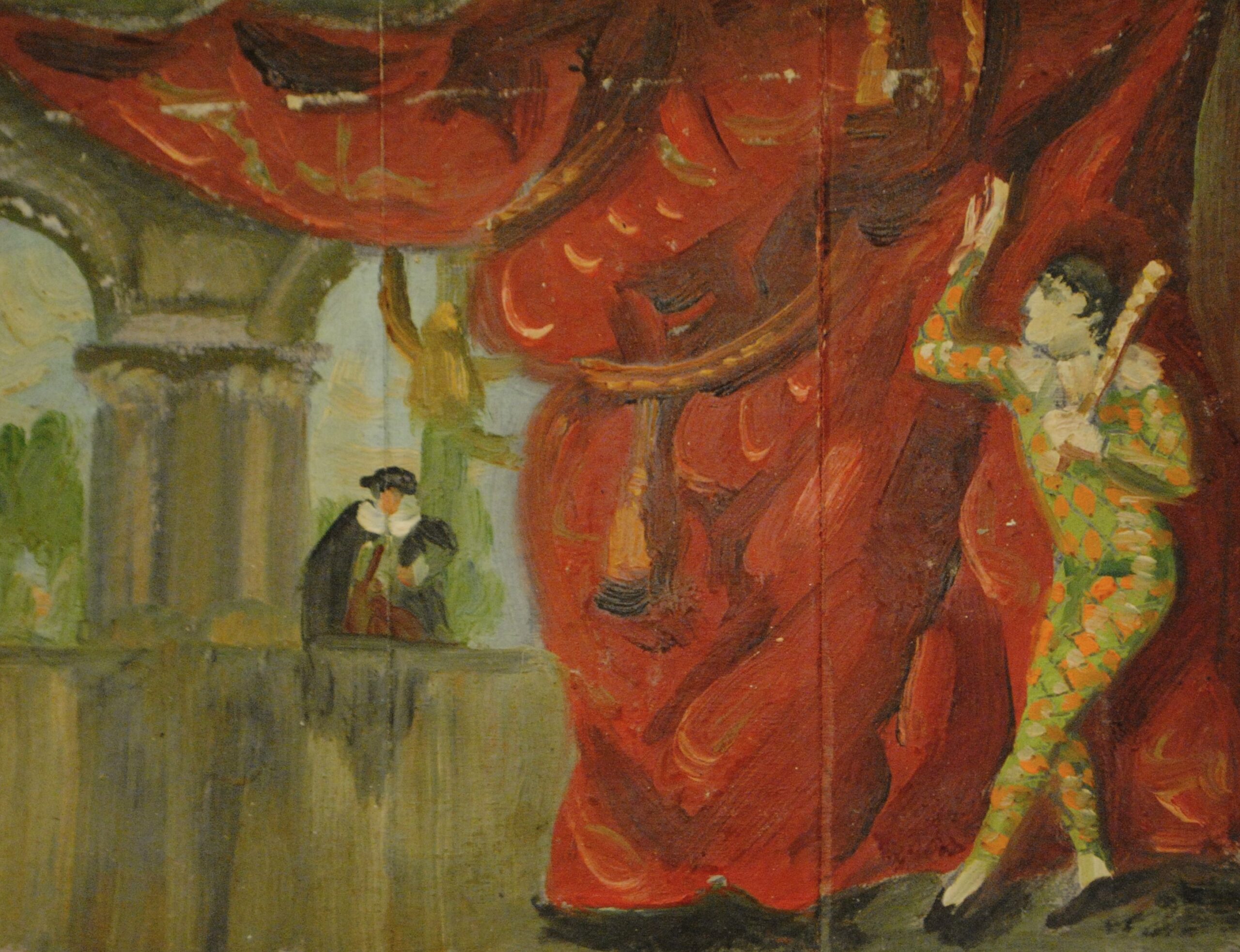 Pintura de José Manaut titulada Alegoría del teatro. Óleo sobre cartón.