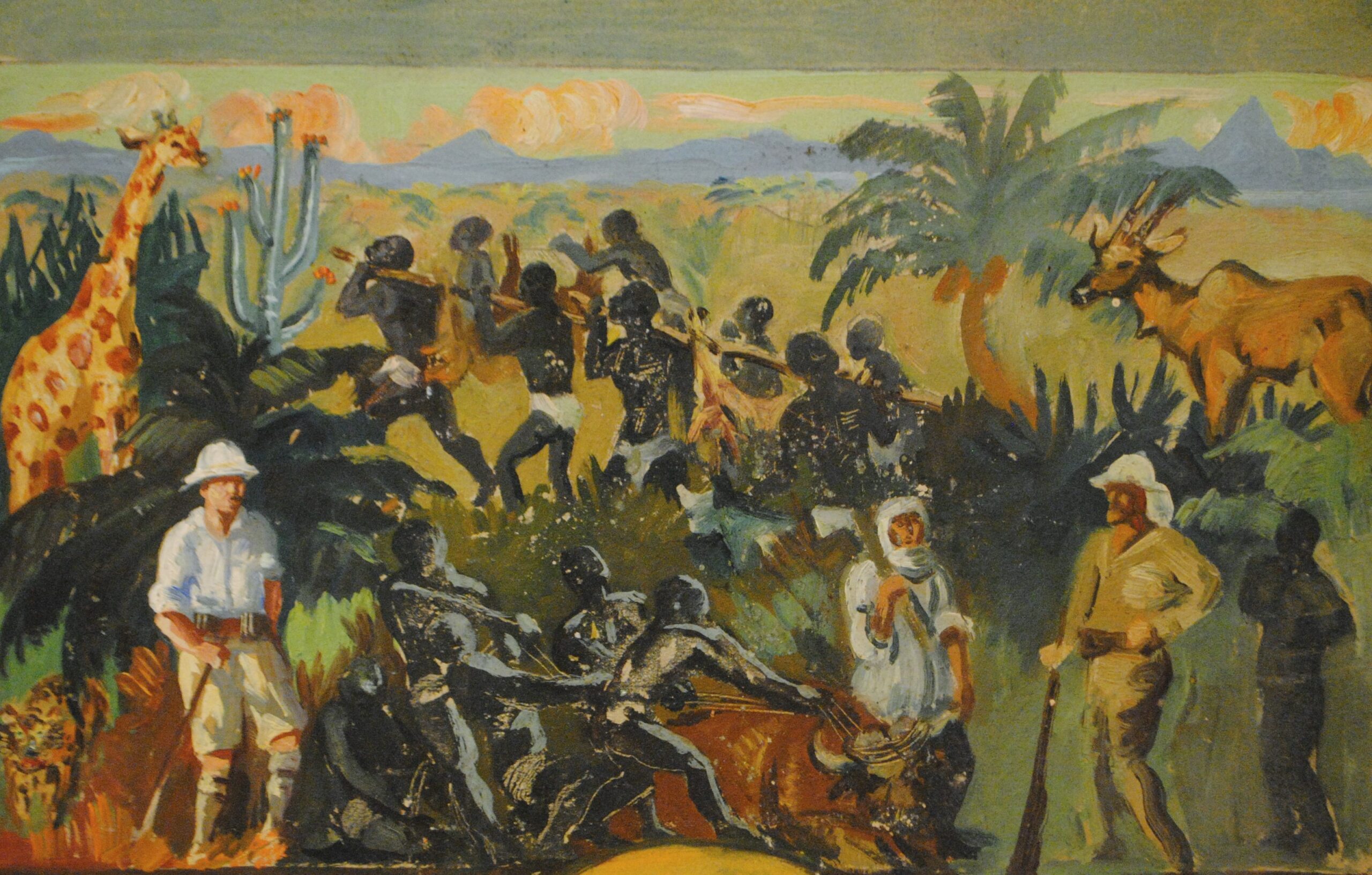 Pintura de José Manaut titulada Escena caza en África. Óleo sobre cartón.