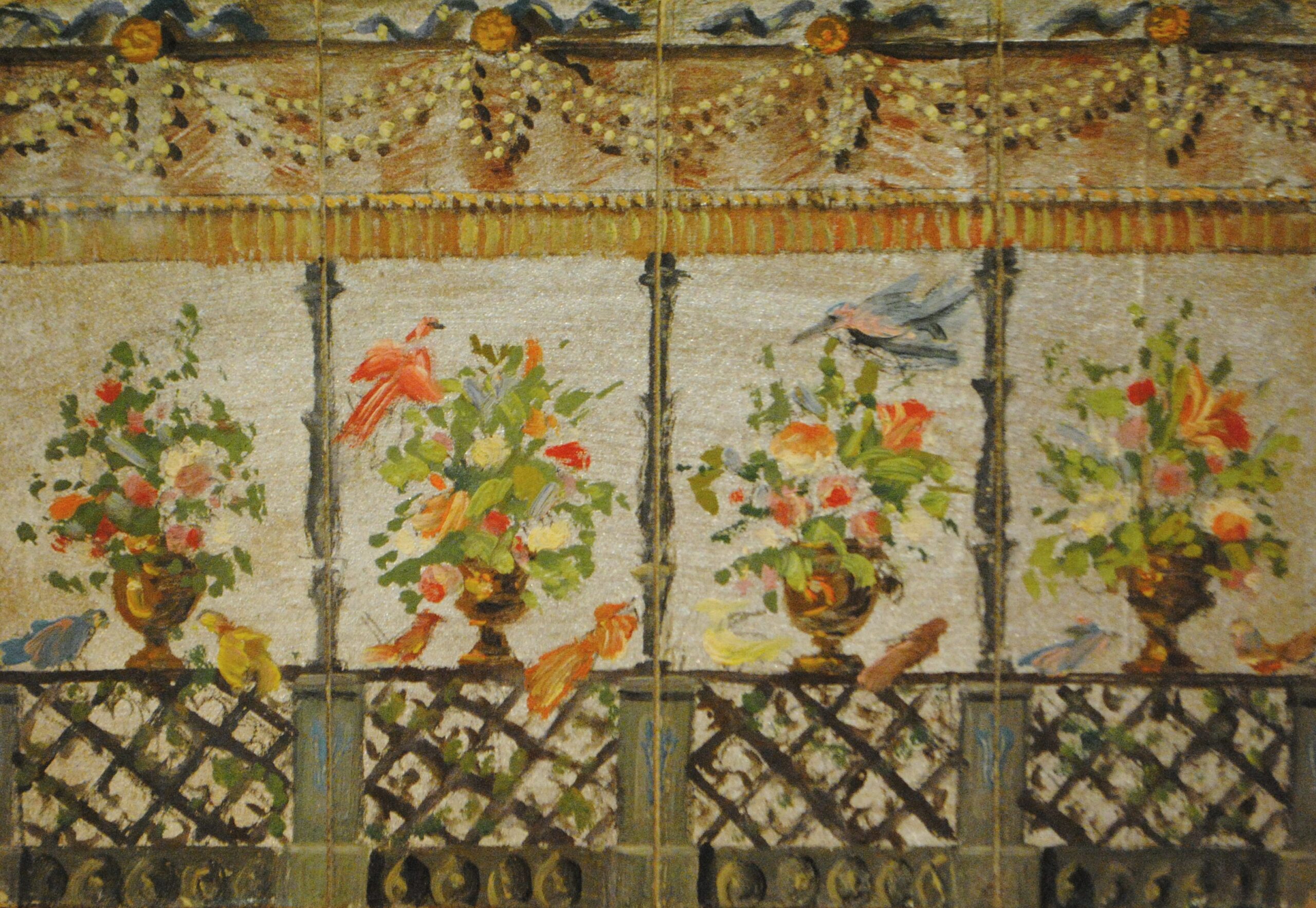 Pintura de José Manaut titulada Cuatro paneles, ramos de flores con celosía. Óleo sobre cartón.