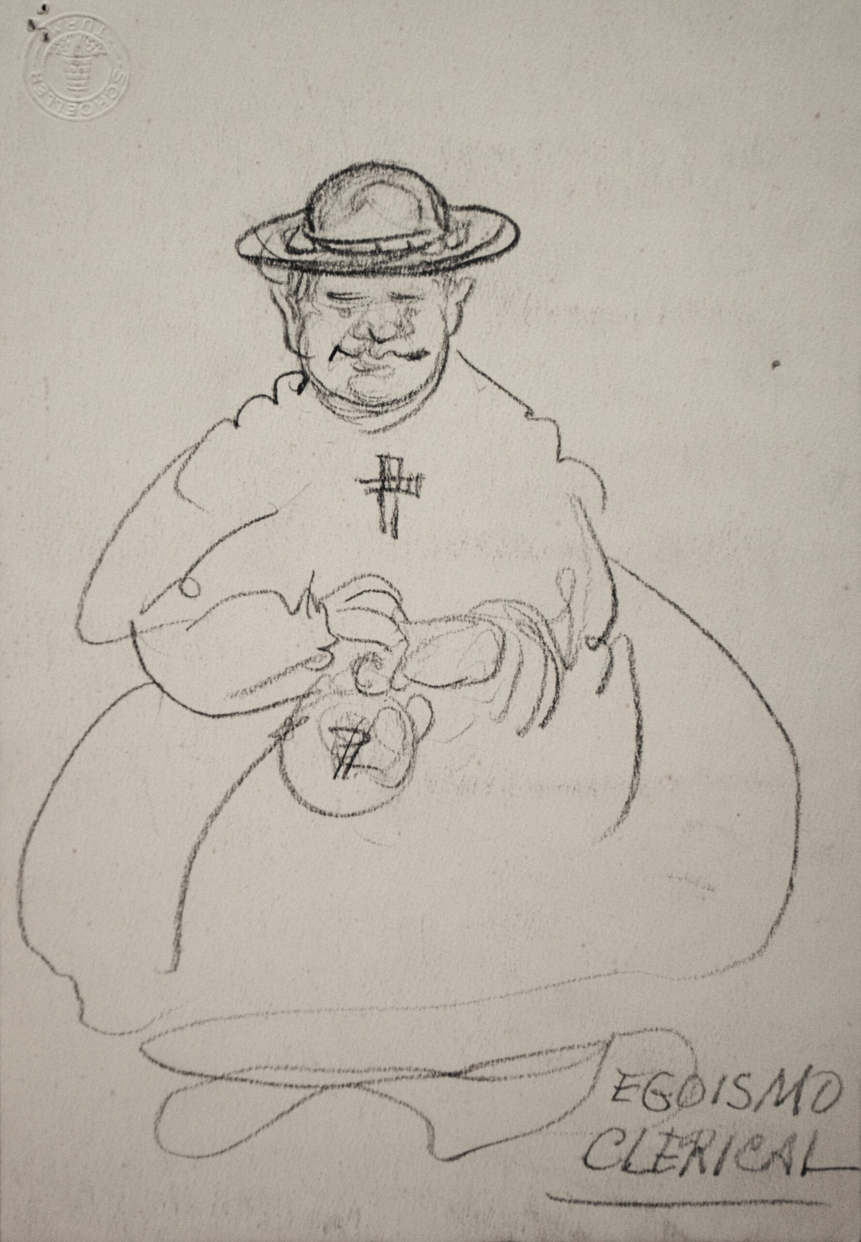 Dibujo de José Manaut. Cura con sobrepeso sujeta una bolsa de dinero en las manos. Esscrito abajo a la derecha: egoismo clerical.