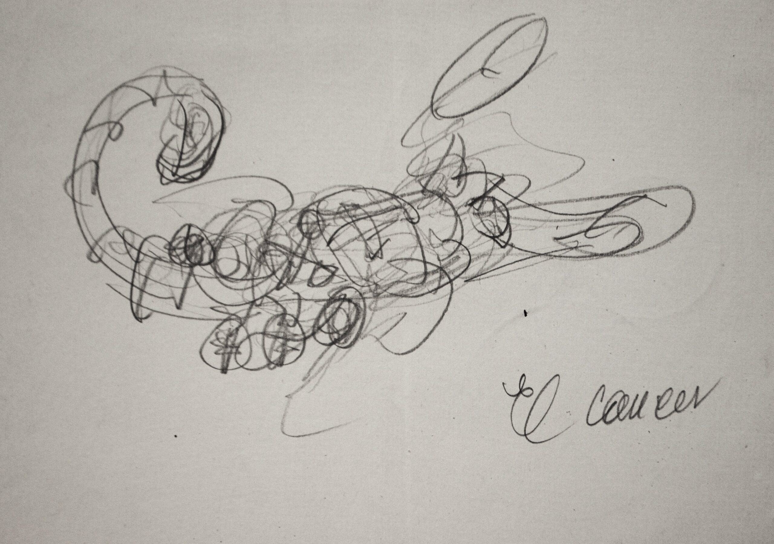 Dibujo de José Manaut. Escorpión, abajo a la derecha escito: El cáncer.