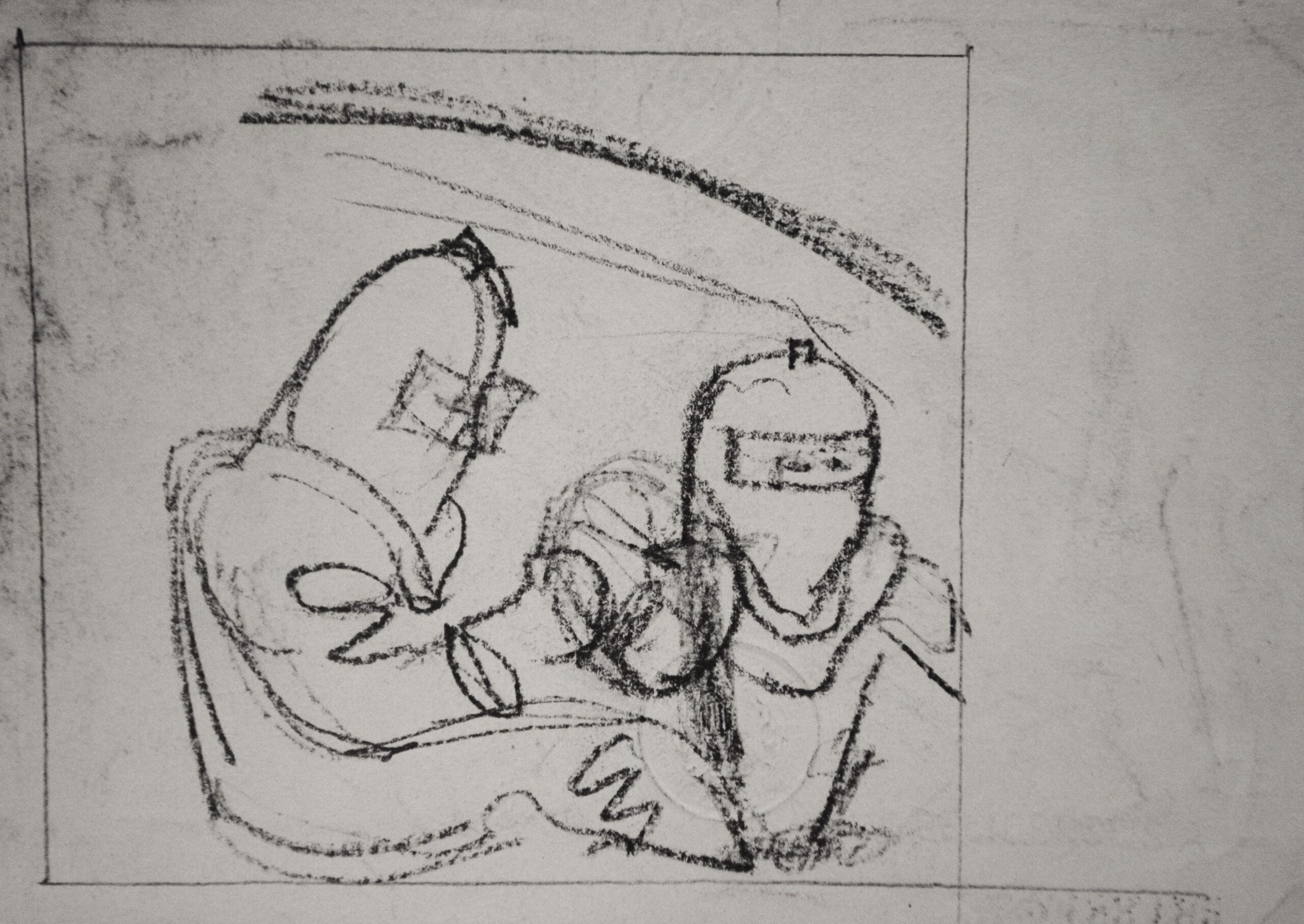 Dibujo de José Manaut. Dos buceadores con escafandra.