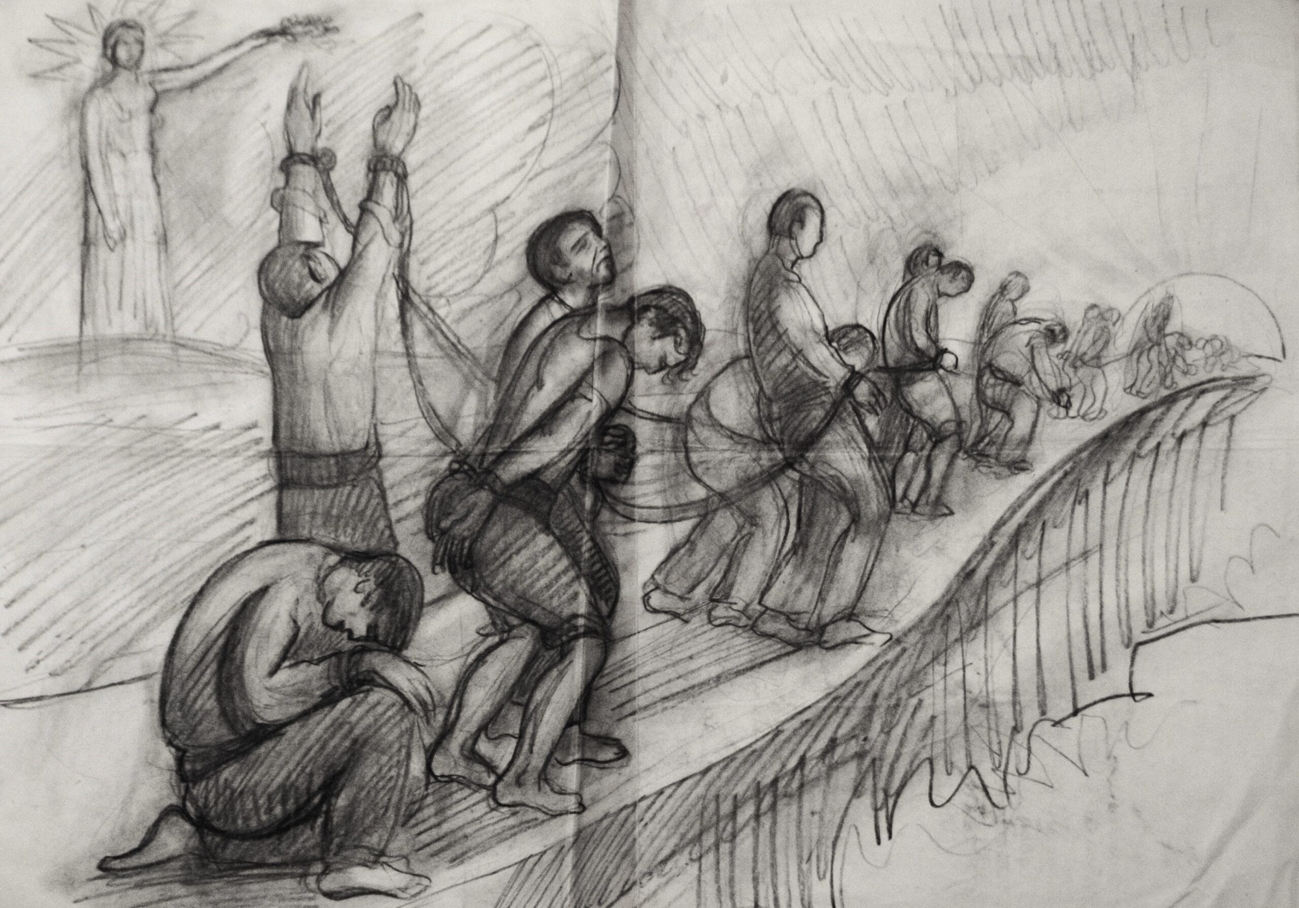 Dibujo de José Manaut. Cuerda de presos. Arriba a la izquieda la imagen de una santa.
