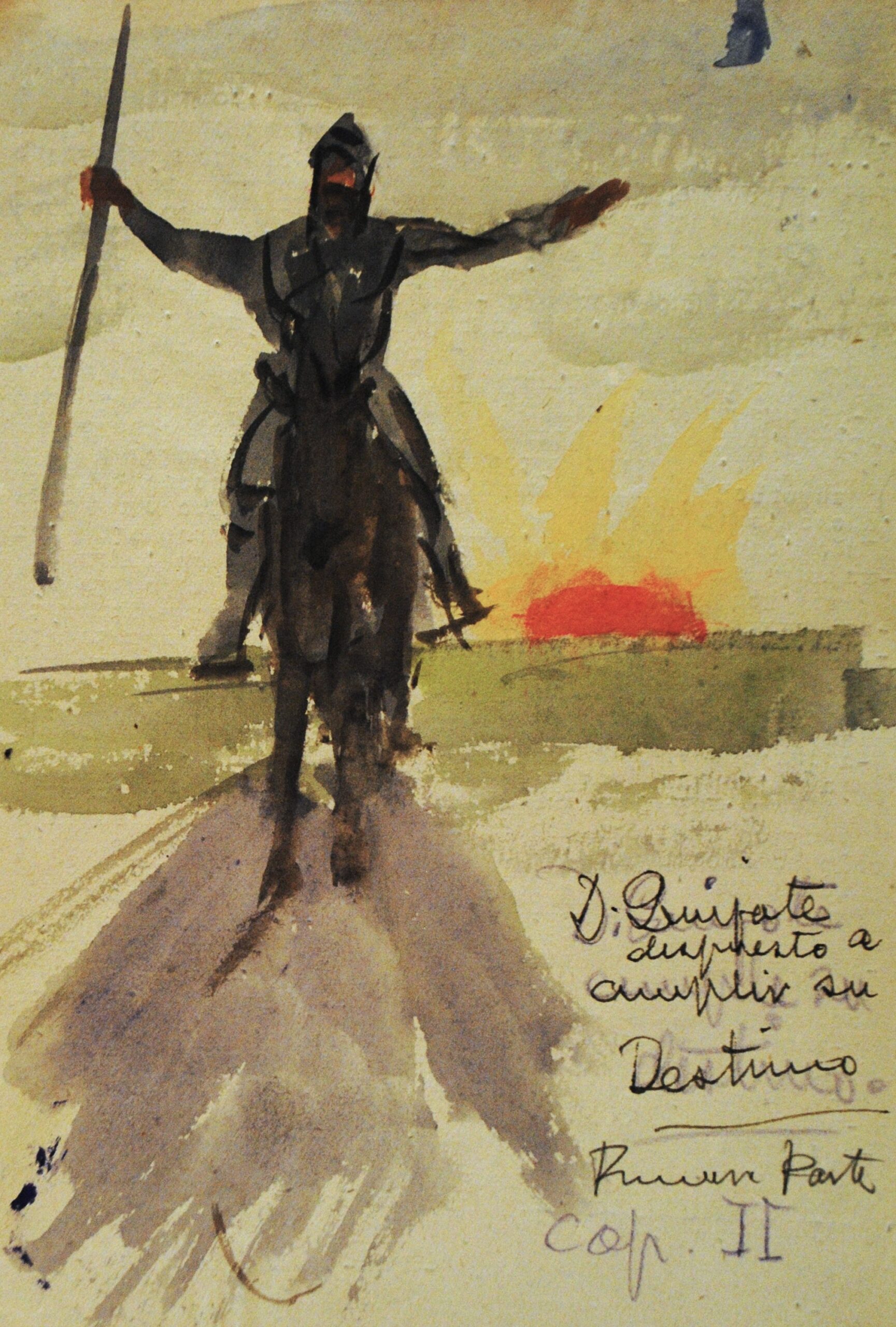 Dibujo de José Manaut. Quijote sobre Rocinante con lanza. Escrito abajo a la izquierda: D. Quijote dispuesto a cumplir su Destino. Primera parte, capítulo II.
