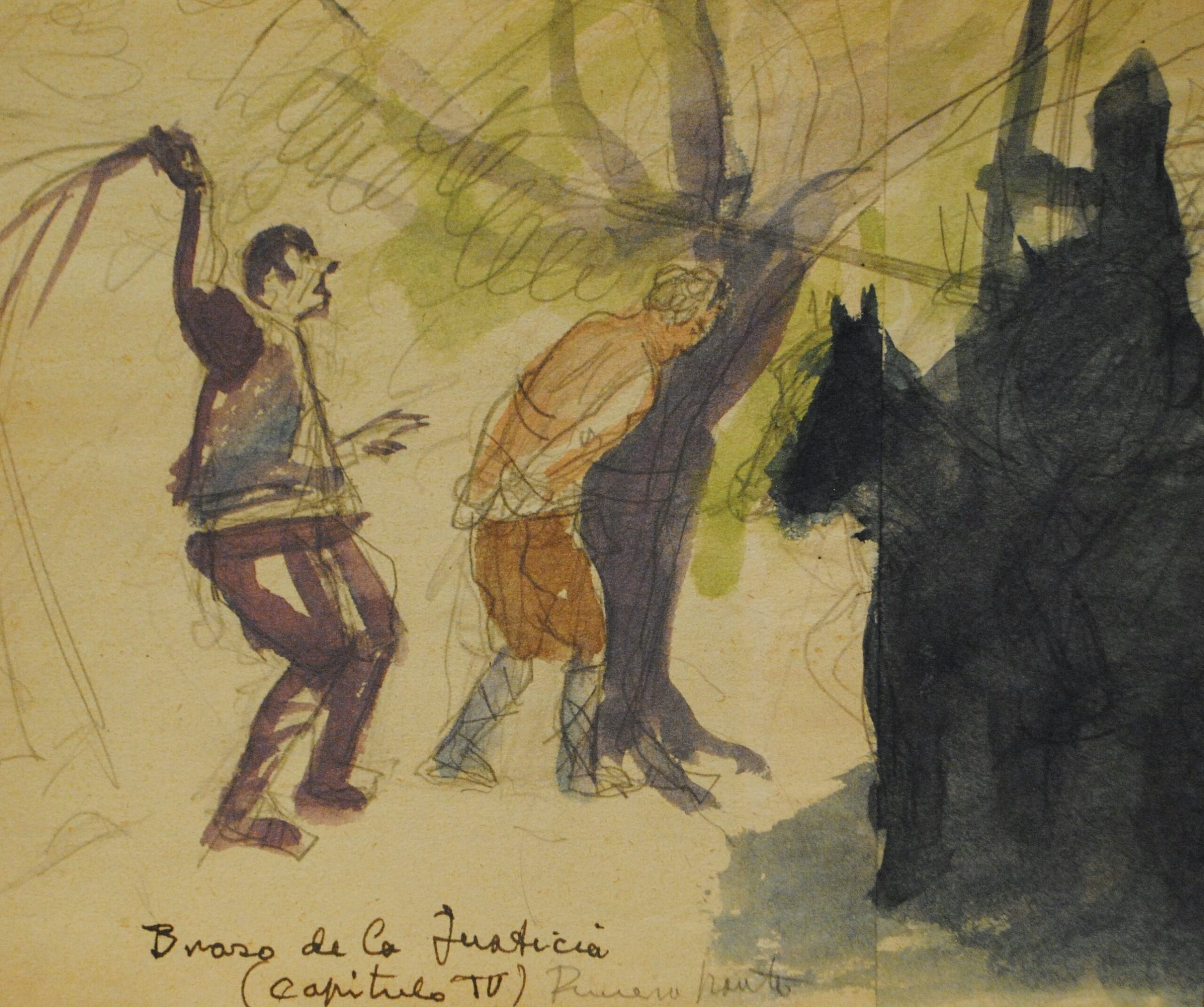 Dibujo de José Manaut. Un hombre fustiga a otro. El fustigado lleva las manos atadas a la espalda y se reposa sobre un árbol. Escrito abajo: Brazo de la Justicia, capítulo IV.