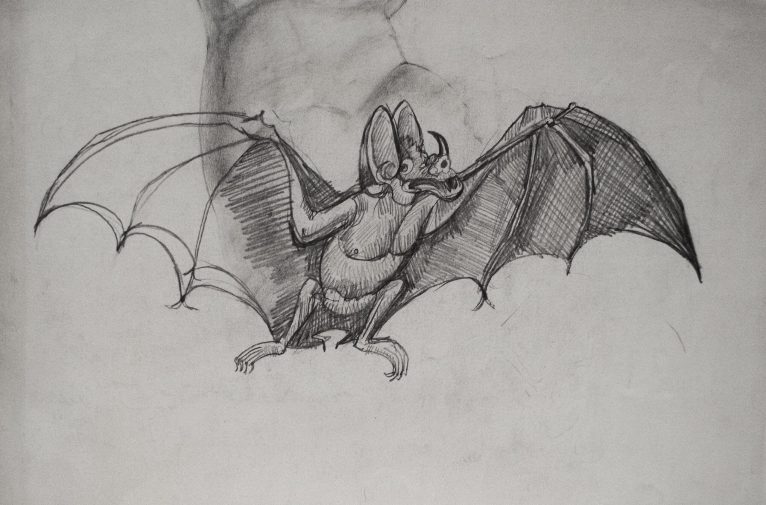 Dibujo de José Manaut. Hombre cerdo, desnudo, con una vara o posible escopeta en la boca y alas de murciélago.