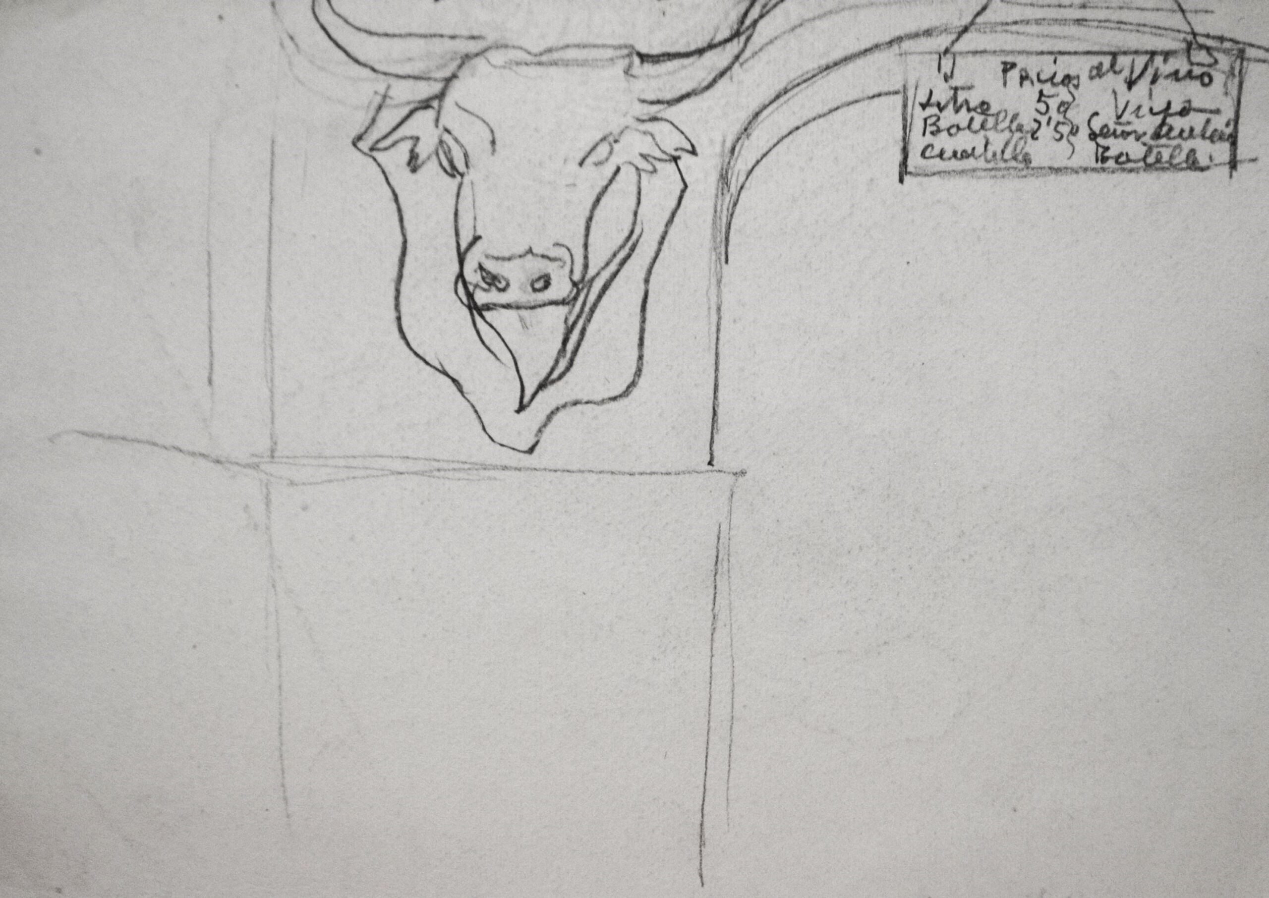 Dibujo de José Manaut. Cabeza de toro disecada. Se supone taberna con lista de precios arriba a la derecha.