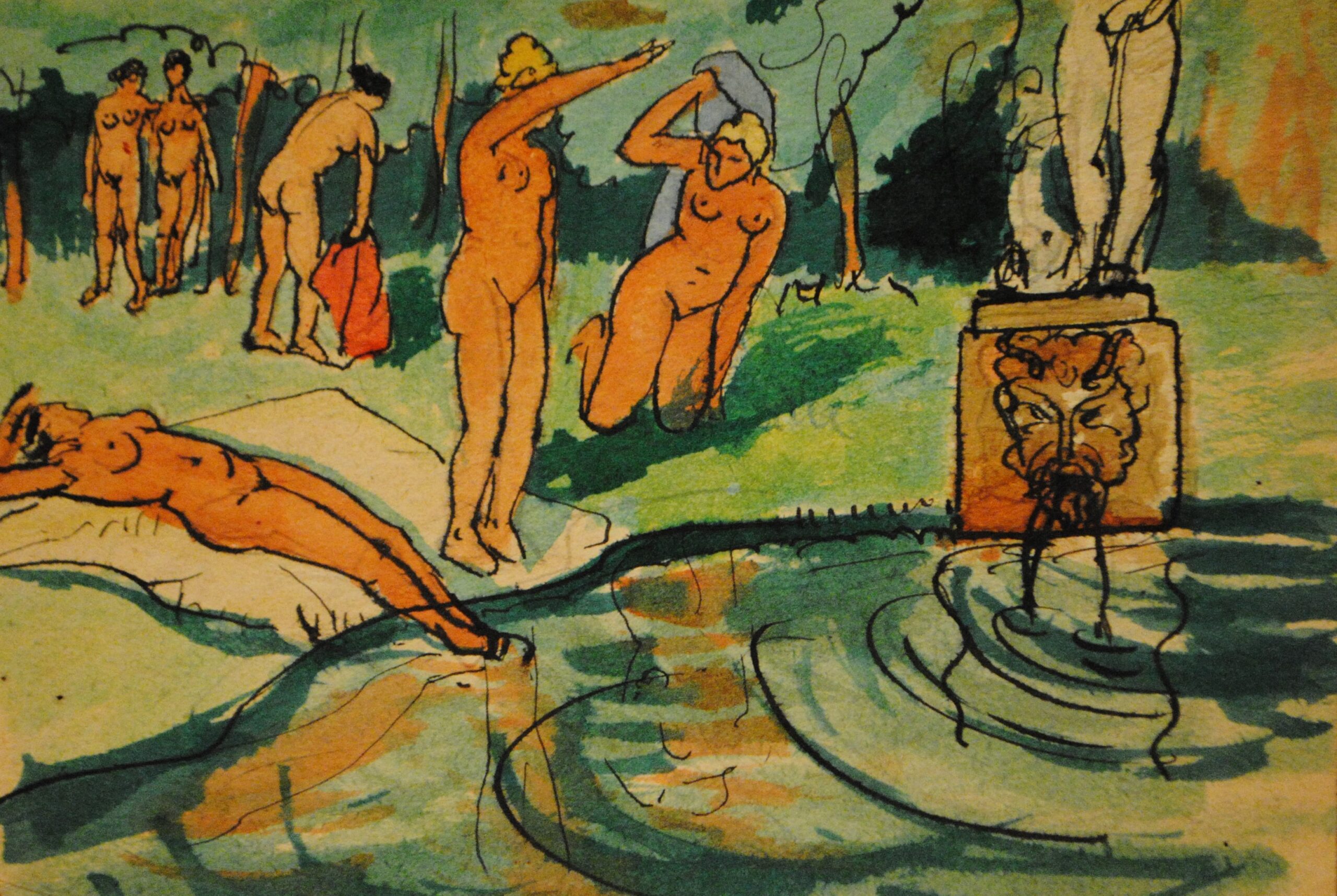 Dibujo de José Manaut. Mujeres desnudas junto a un lago o fuente con escultura clásica con fauno.
