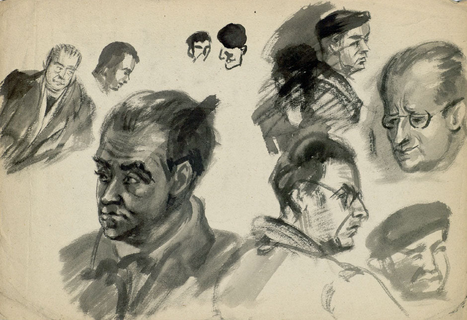 Dibujo de José Manaut titulado Varias cabezas, distintos tamaños, 1943. Aguada marrón.