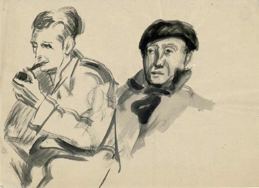 Dibujo de José Manaut titualdo Busto de dos hombres, uno fuma en pipa, otro con boina, 1943. Aguada sepia.