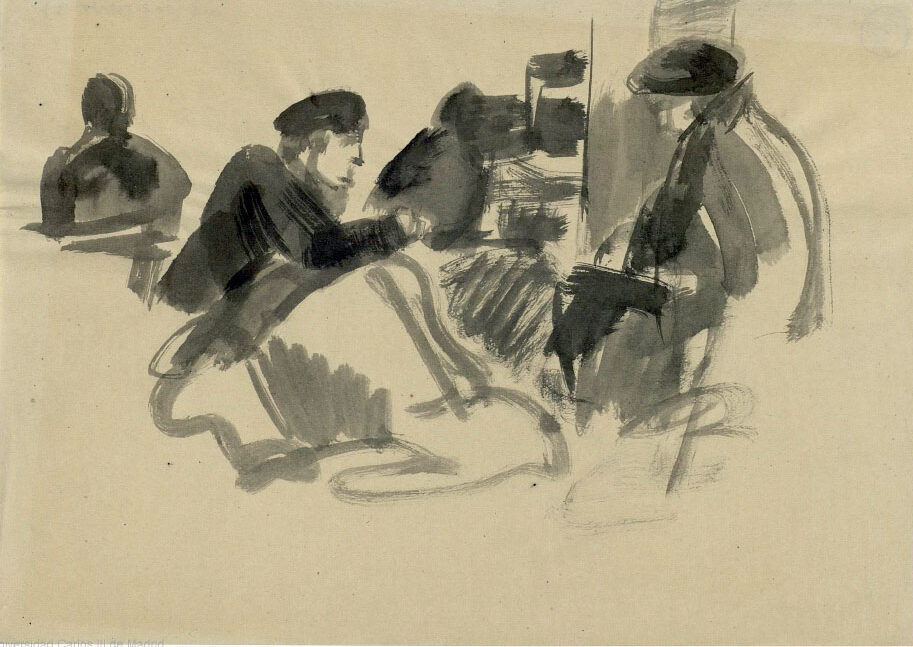 Dibujo de José Manaut titulado Dos delante, otros dos detrás, sentados haciendo algo, 1943. Aguada sepia.