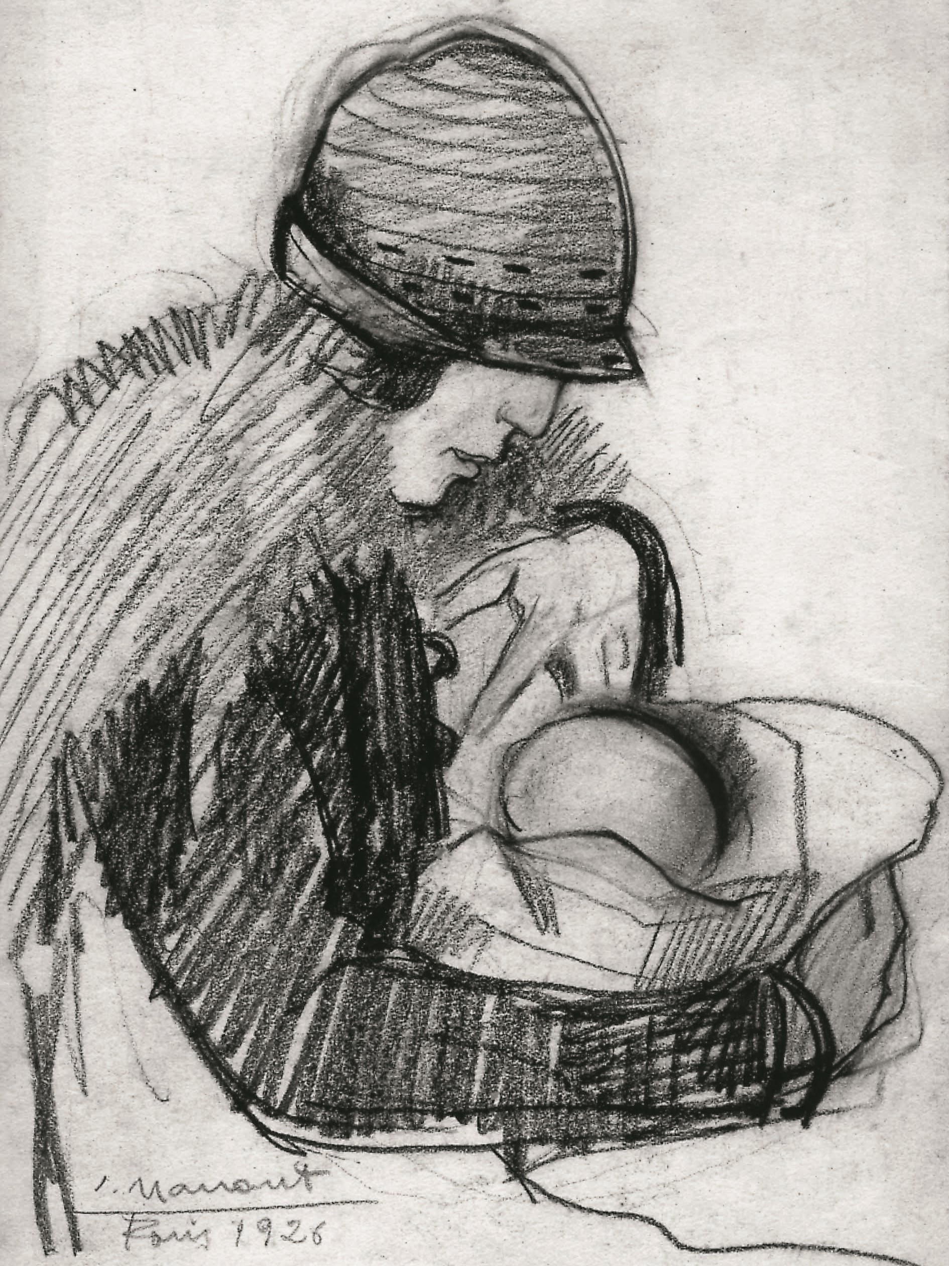 Dibujo de José Manaut titulado Lita con Ariel bebé, 1926. Papel/carboncillo.