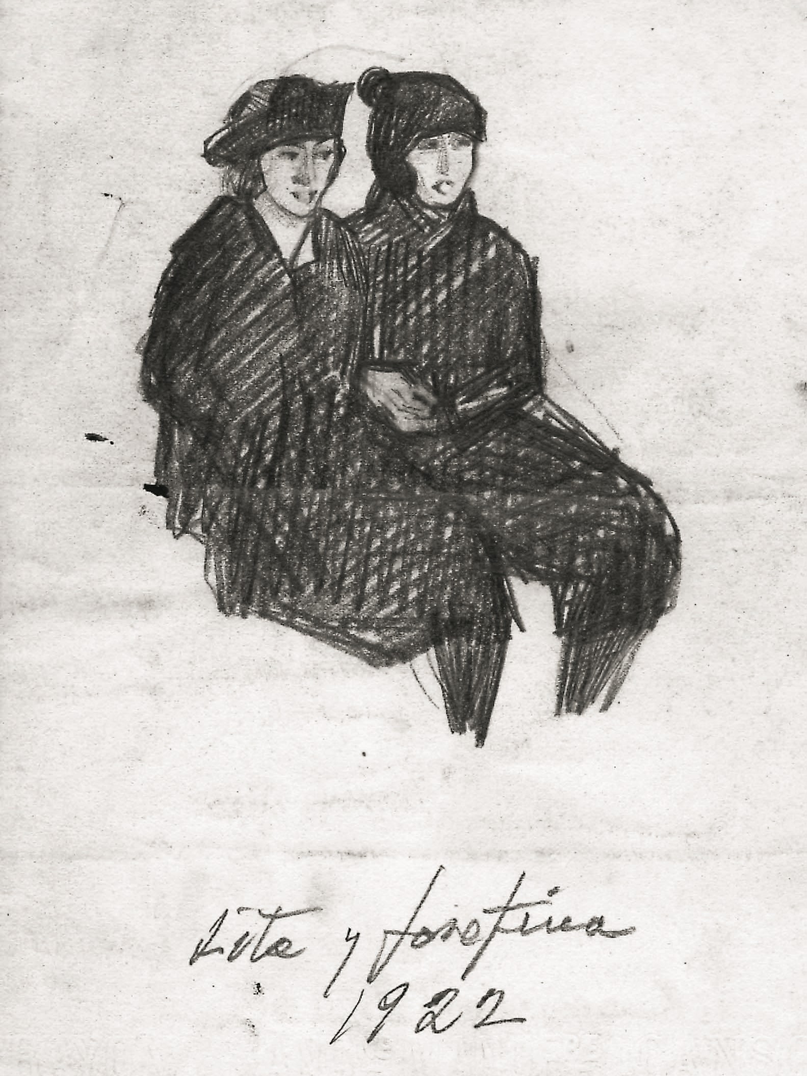 Dibujo de José Manaut titulado Lita y Josefina, 1922. Lápiz sobre papel.