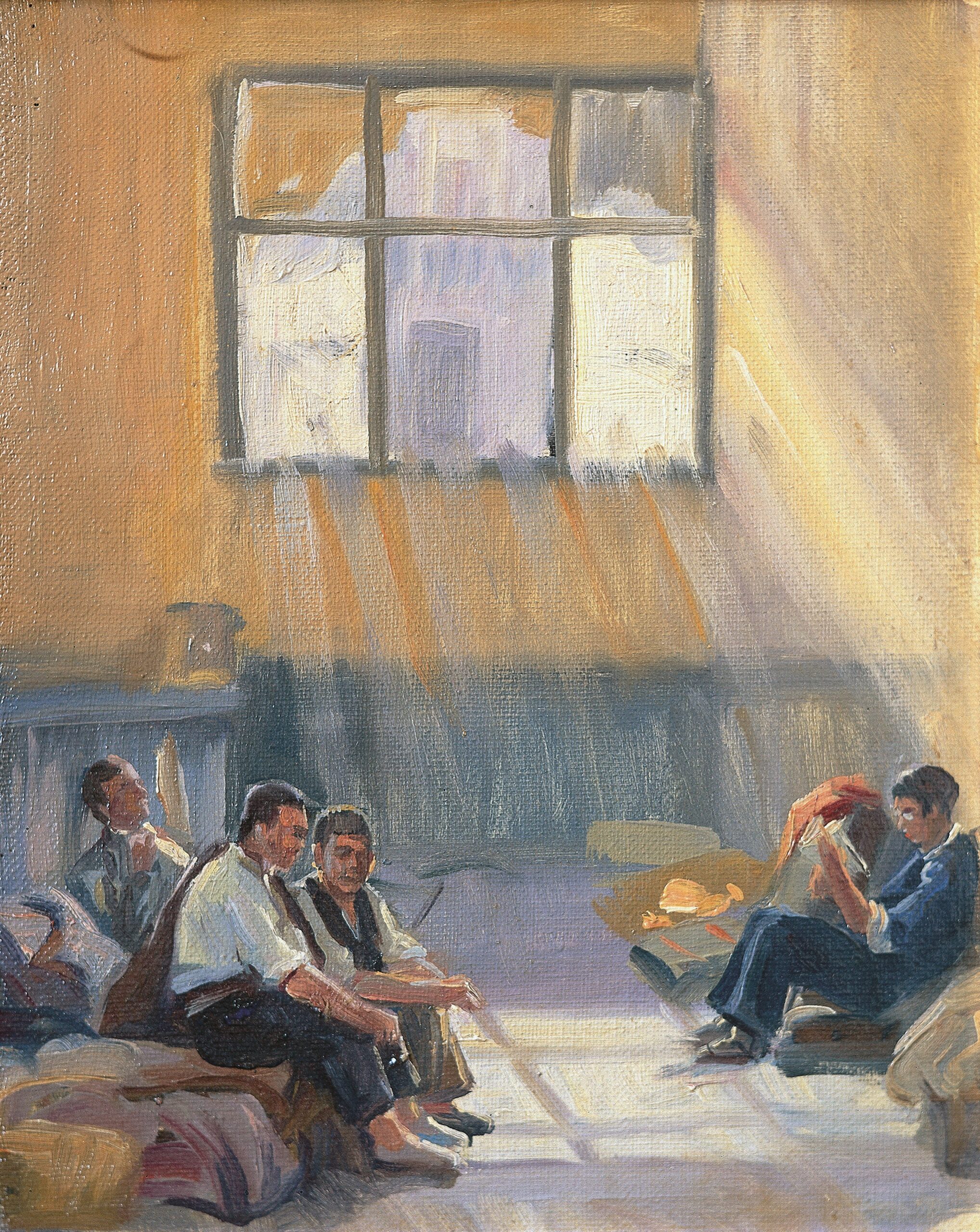 Pintura de José Manaut titulada Presos ante el ventanal. Óleo sobre lienzo.