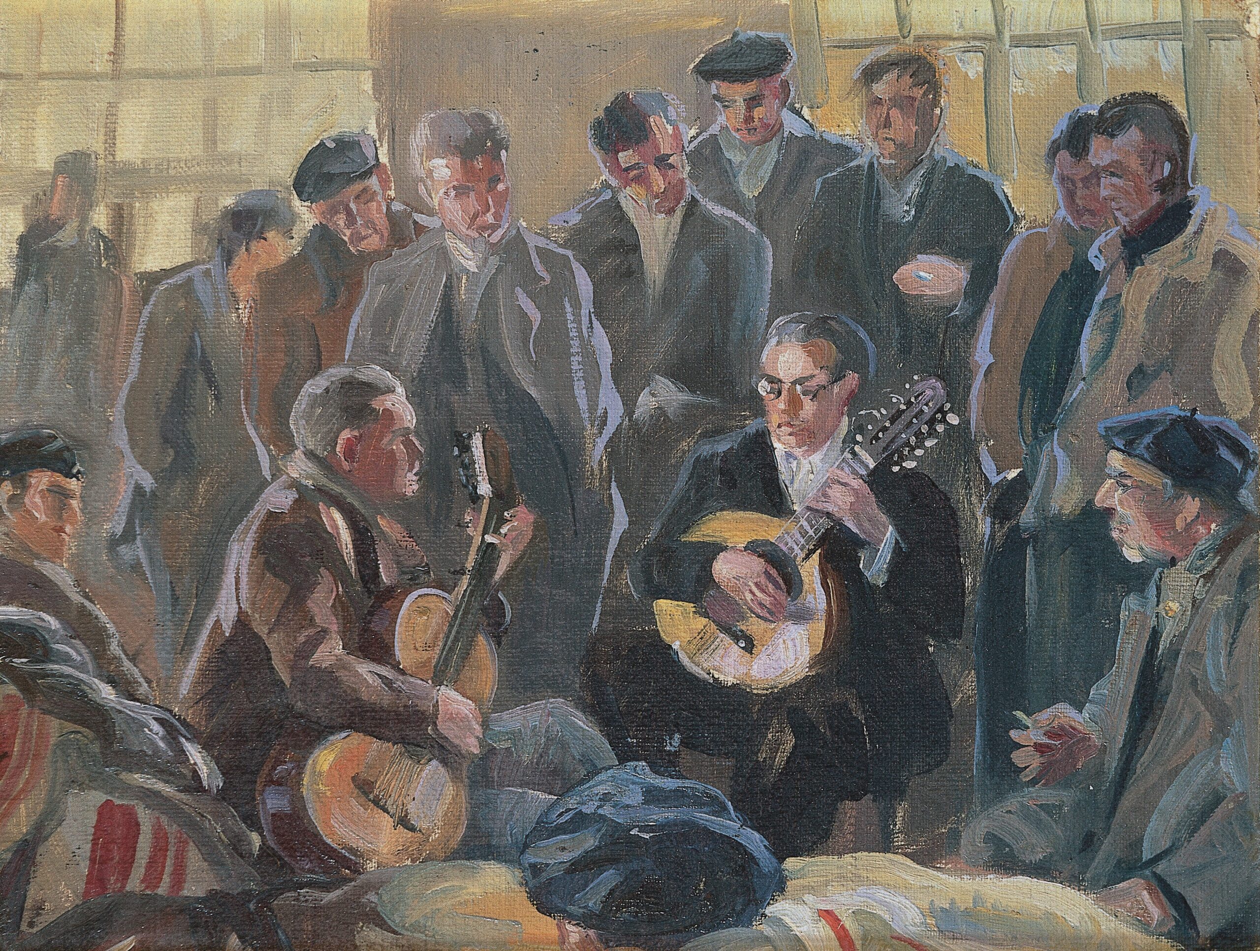 Pintura de José Manaut titulada Corro con tocadores de instrumentos de cuerda. Óleo sobre lienzo.