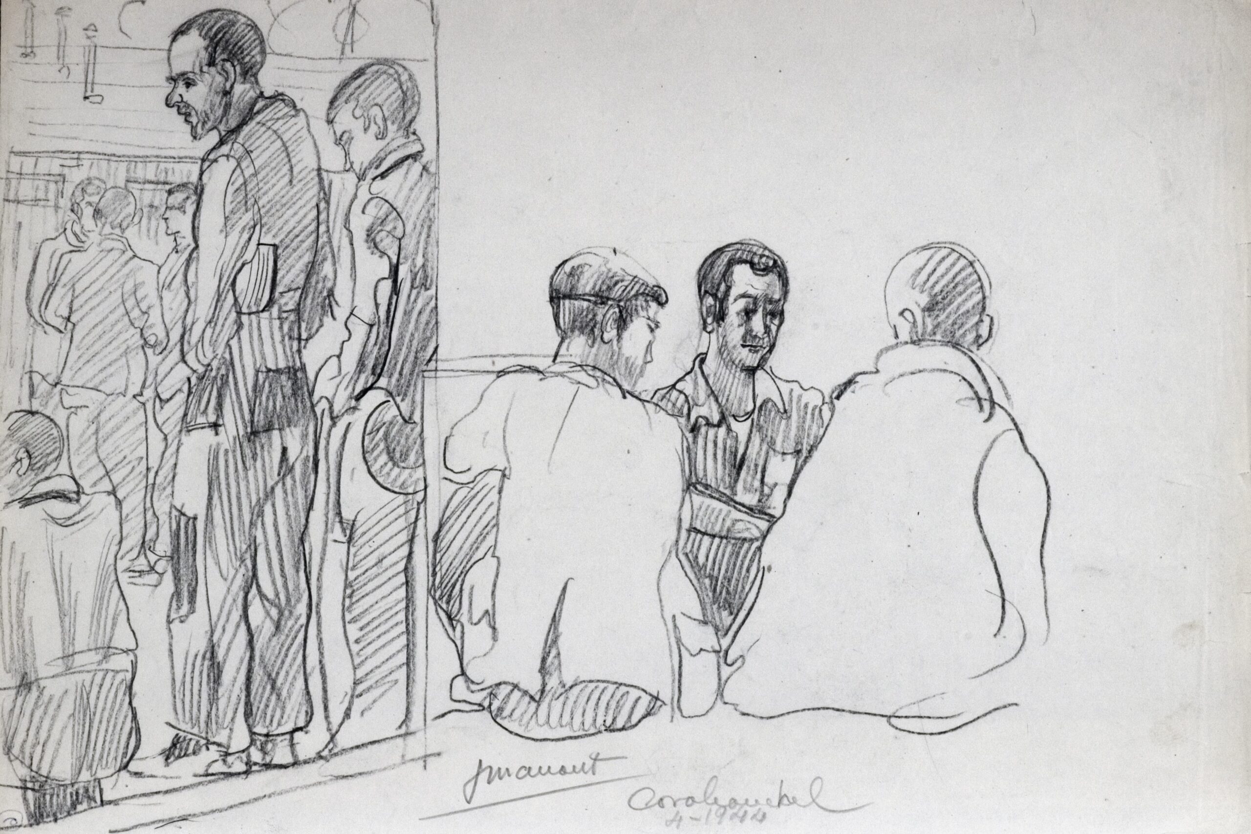 Dibujo de José Manaut titulado Grupo de pie, a la izqa; a la dcha, tres hombres sentados, Carabanchel, 1944. Carboncillo sobre papel.