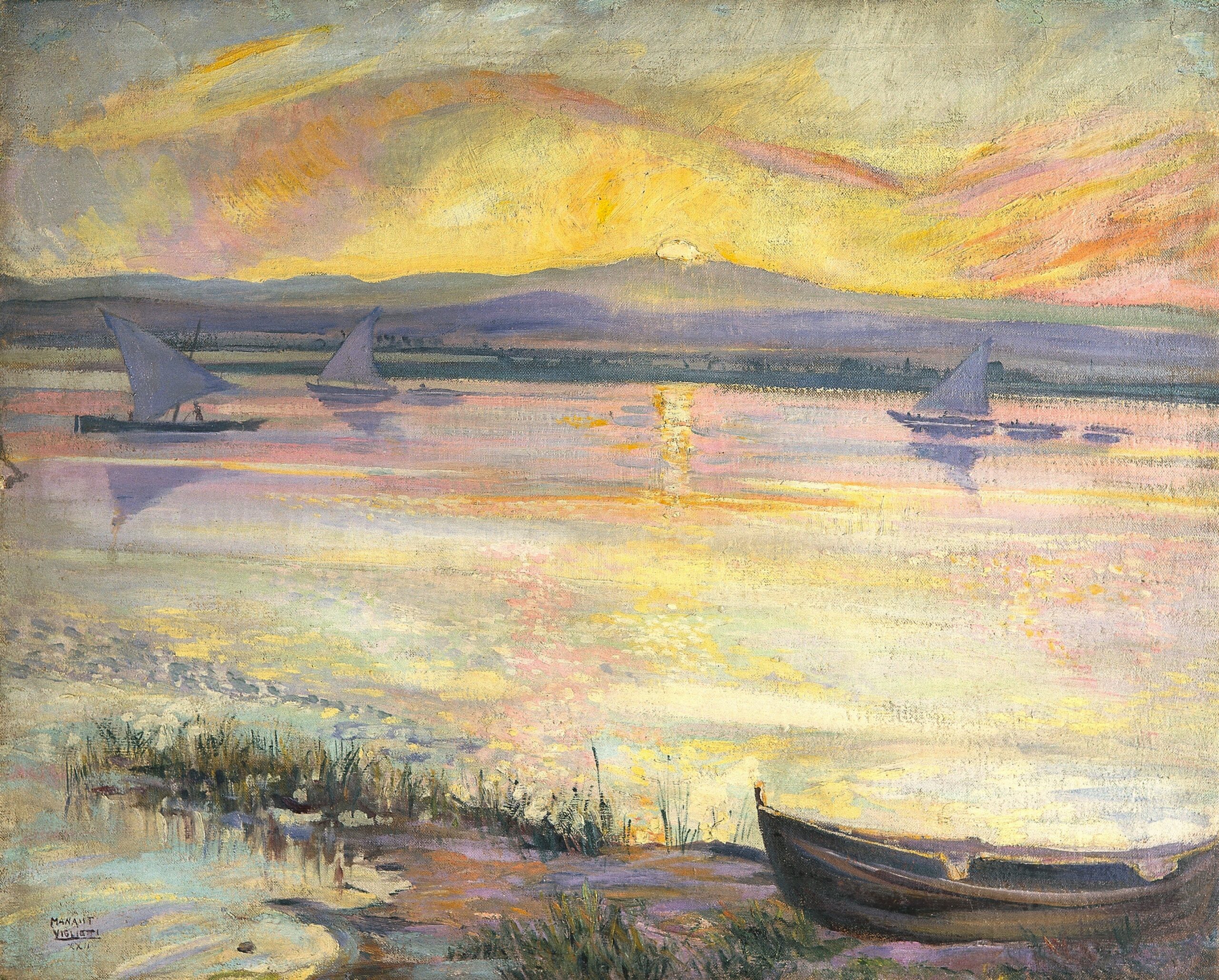Pintura de José Manaut titulada Puesta de sol, La Albufera (Valencia), 1922. Óleo sobre lienzo.