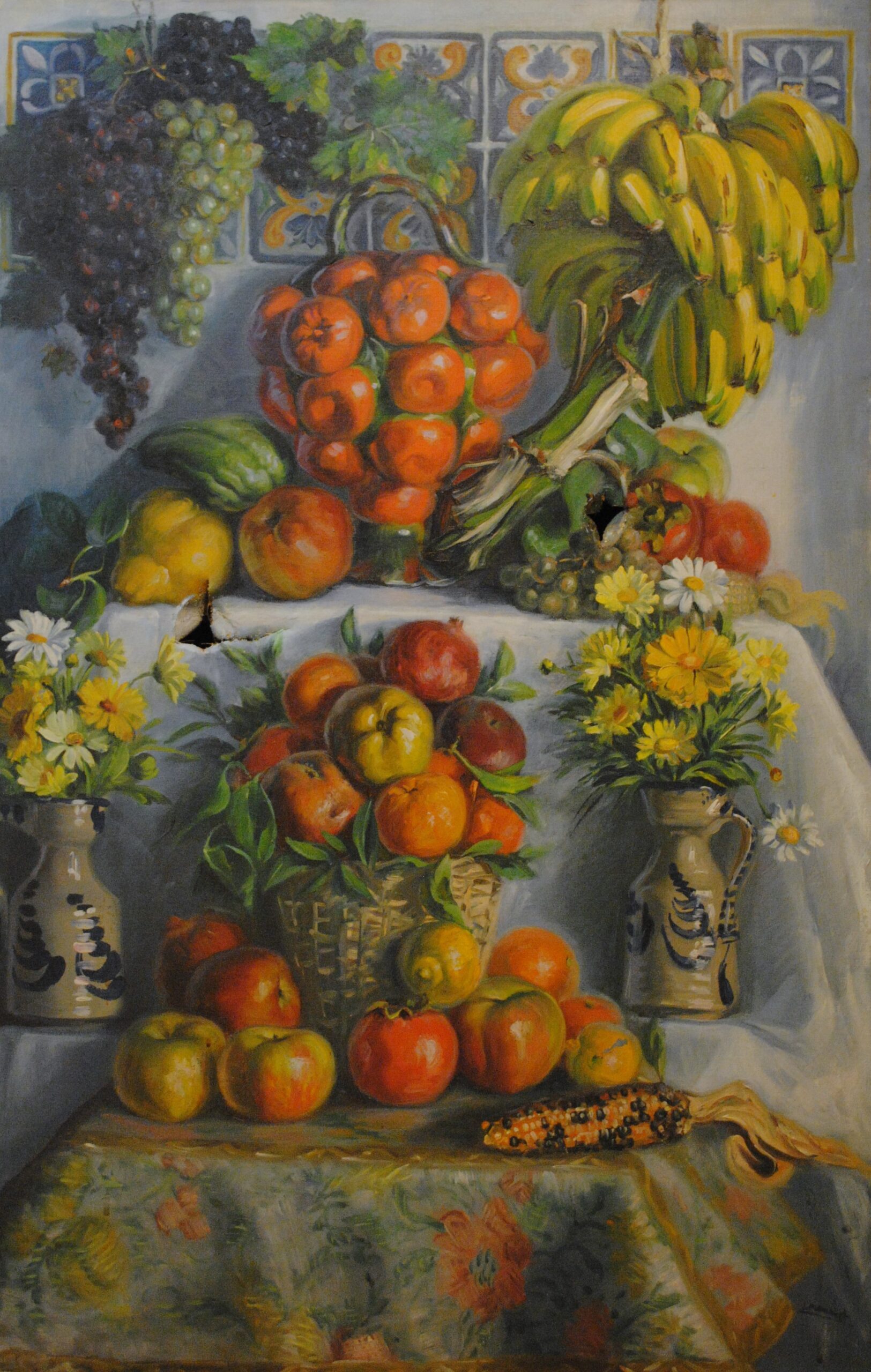 Pintura de José Manaut titulada Bodegón frutas y flores. Óleo sobre lienzo.