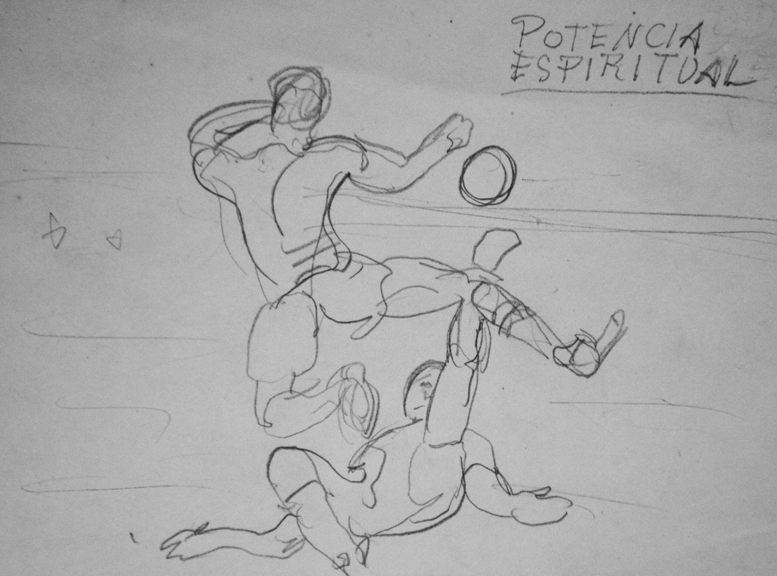 Dibujo de José Manaut. Dos hombres jugando al fútbol. Escrito arriba a la derecha Potencia Espiritual.