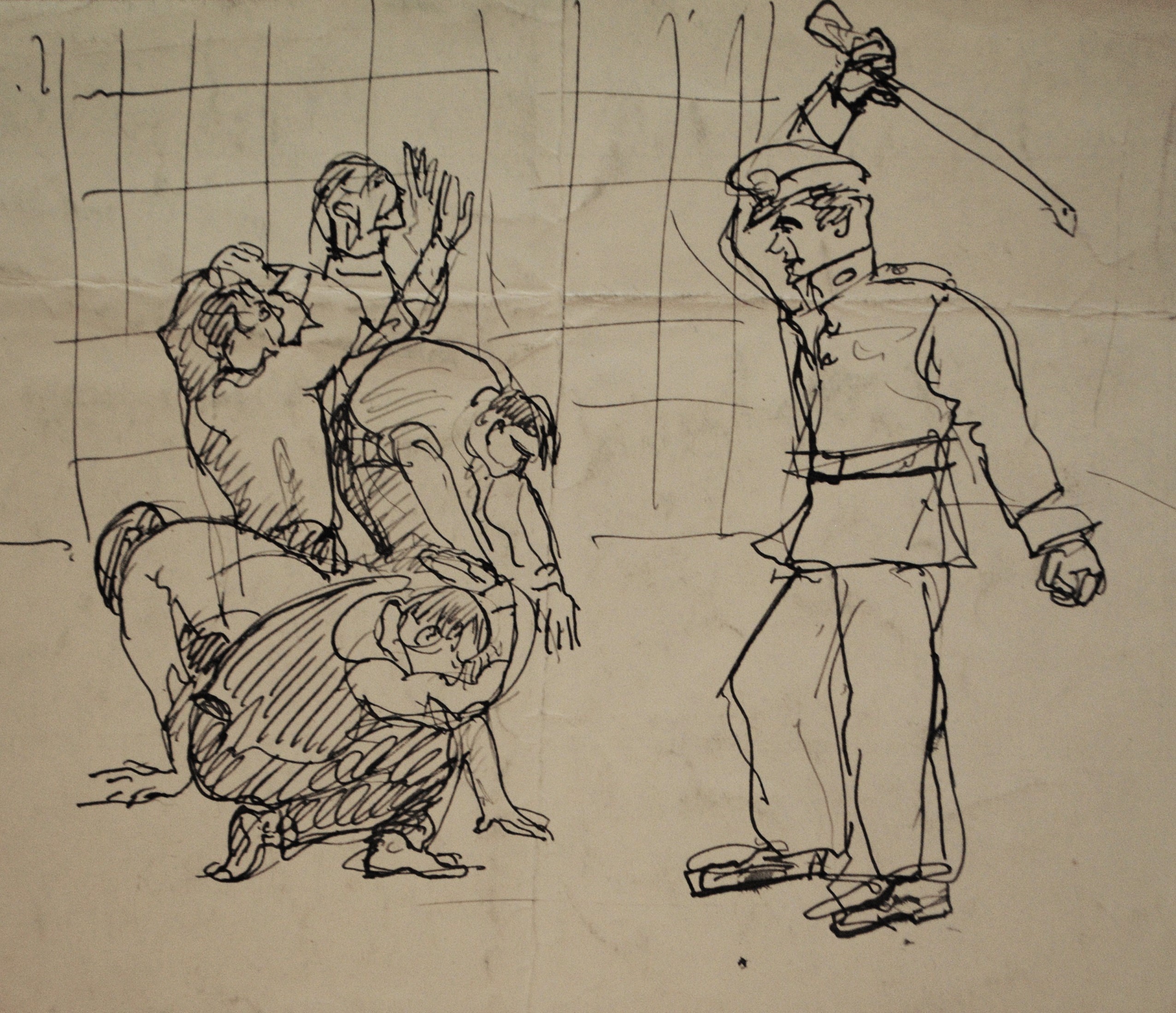 Dibujo de José Manaut. Persona en uniforme golpeando con una vara a cinco presos.